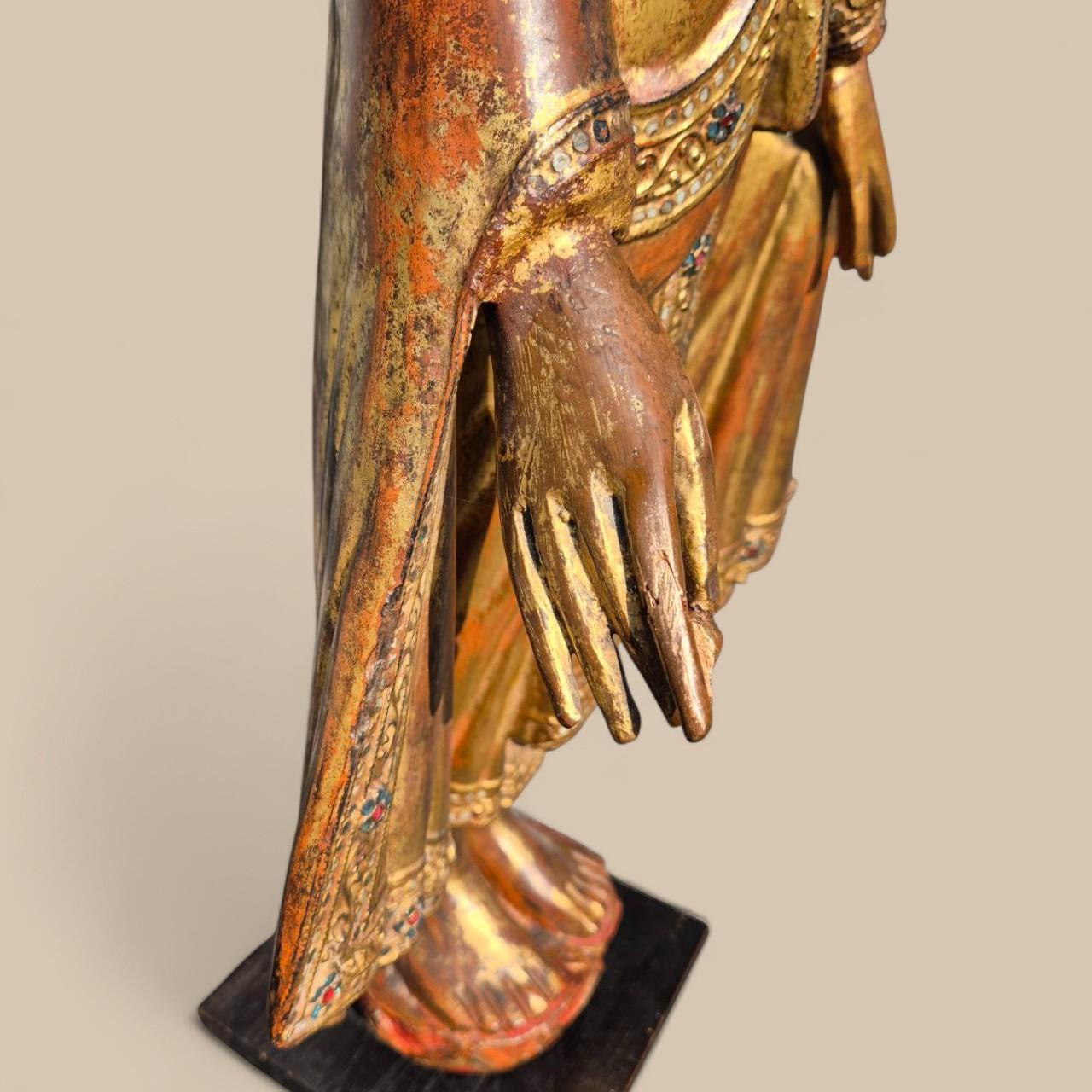 Gilded Wooden Buddha with Stone Inlays – Early 20th Century, Burma For Sale 10