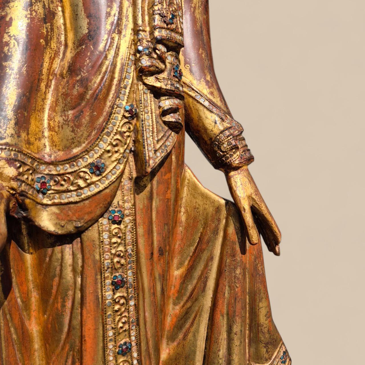 Gilded Wooden Buddha with Stone Inlays – Early 20th Century, Burma For Sale 11