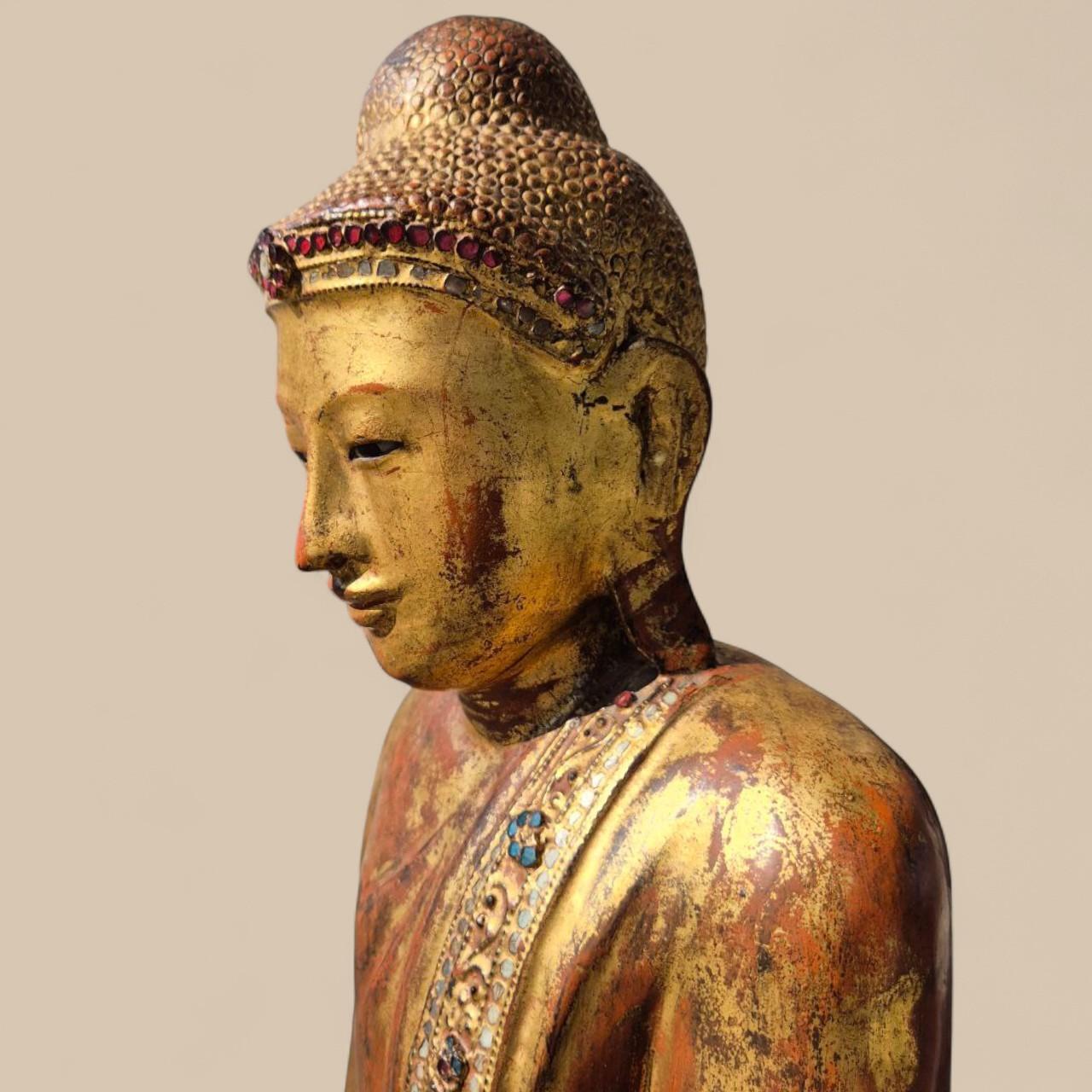 Folk Art Gilded Wooden Buddha with Stone Inlays – Early 20th Century, Burma For Sale