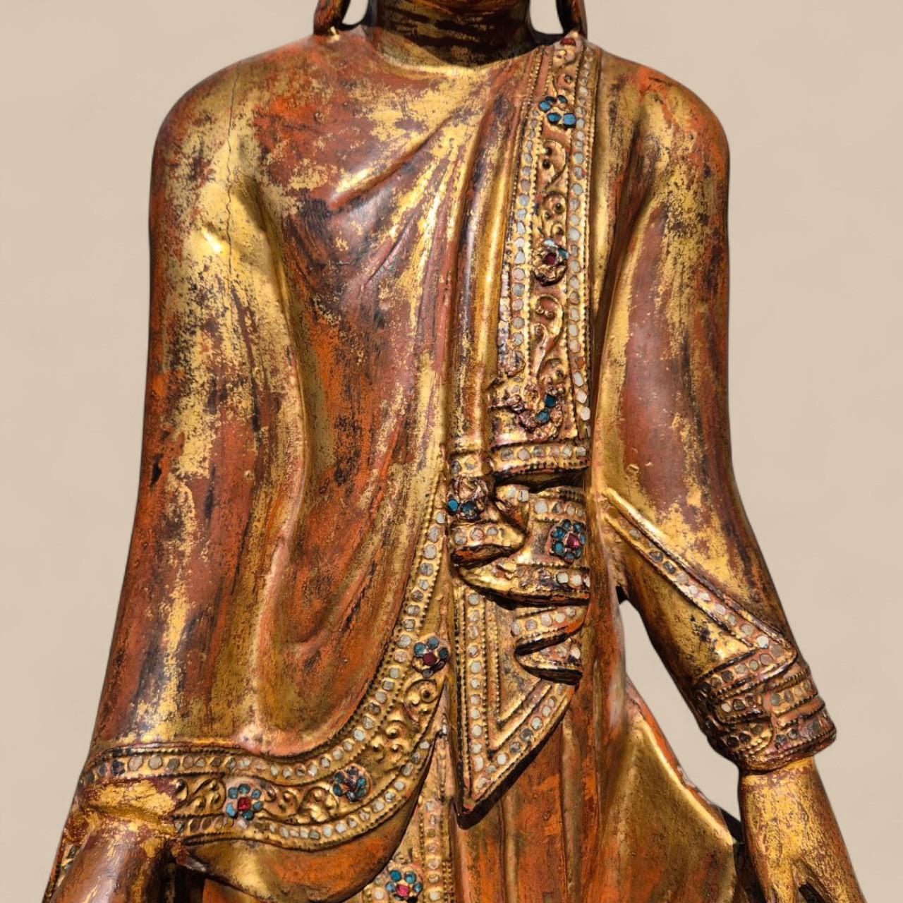 Hand-Carved Gilded Wooden Buddha with Stone Inlays – Early 20th Century, Burma For Sale