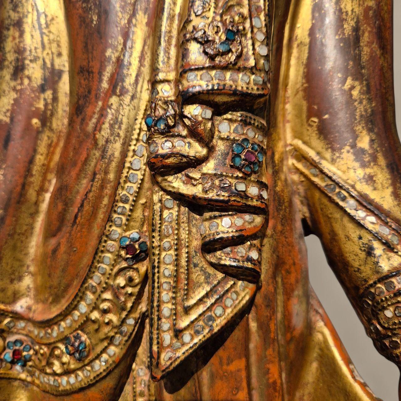 Multi-gemstone Gilded Wooden Buddha with Stone Inlays – Early 20th Century, Burma For Sale