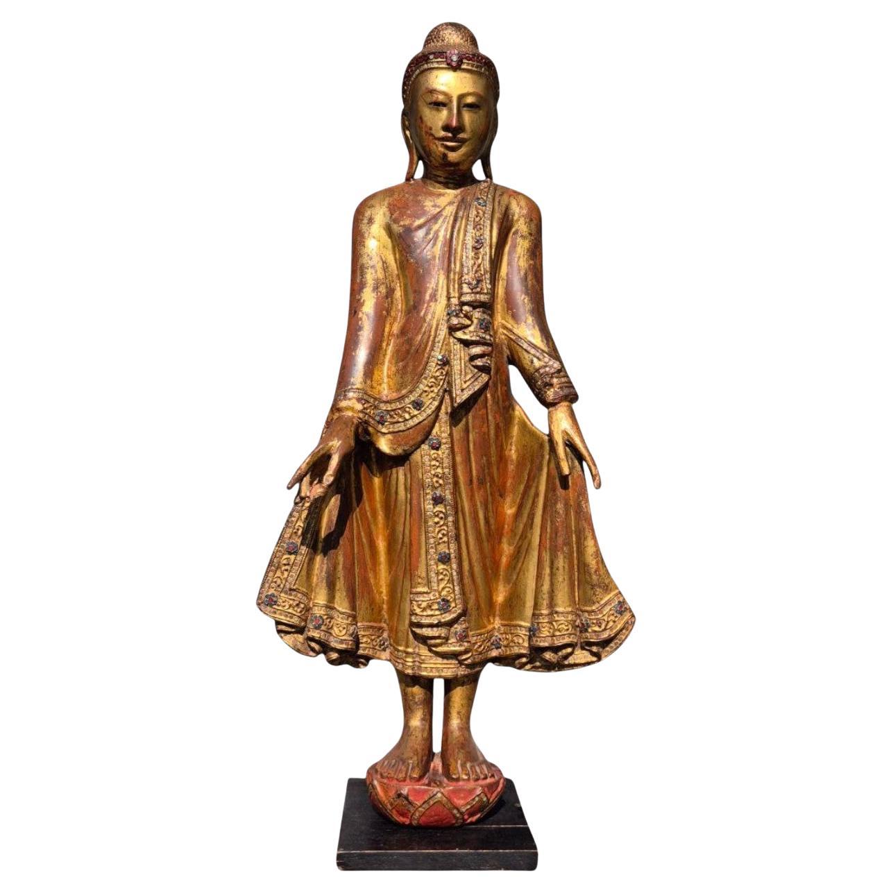 Gilded Wooden Buddha with Stone Inlays – Early 20th Century, Burma For Sale