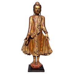 Gilded Wooden Buddha with Stone Inlays – Early 20th Century, Burma