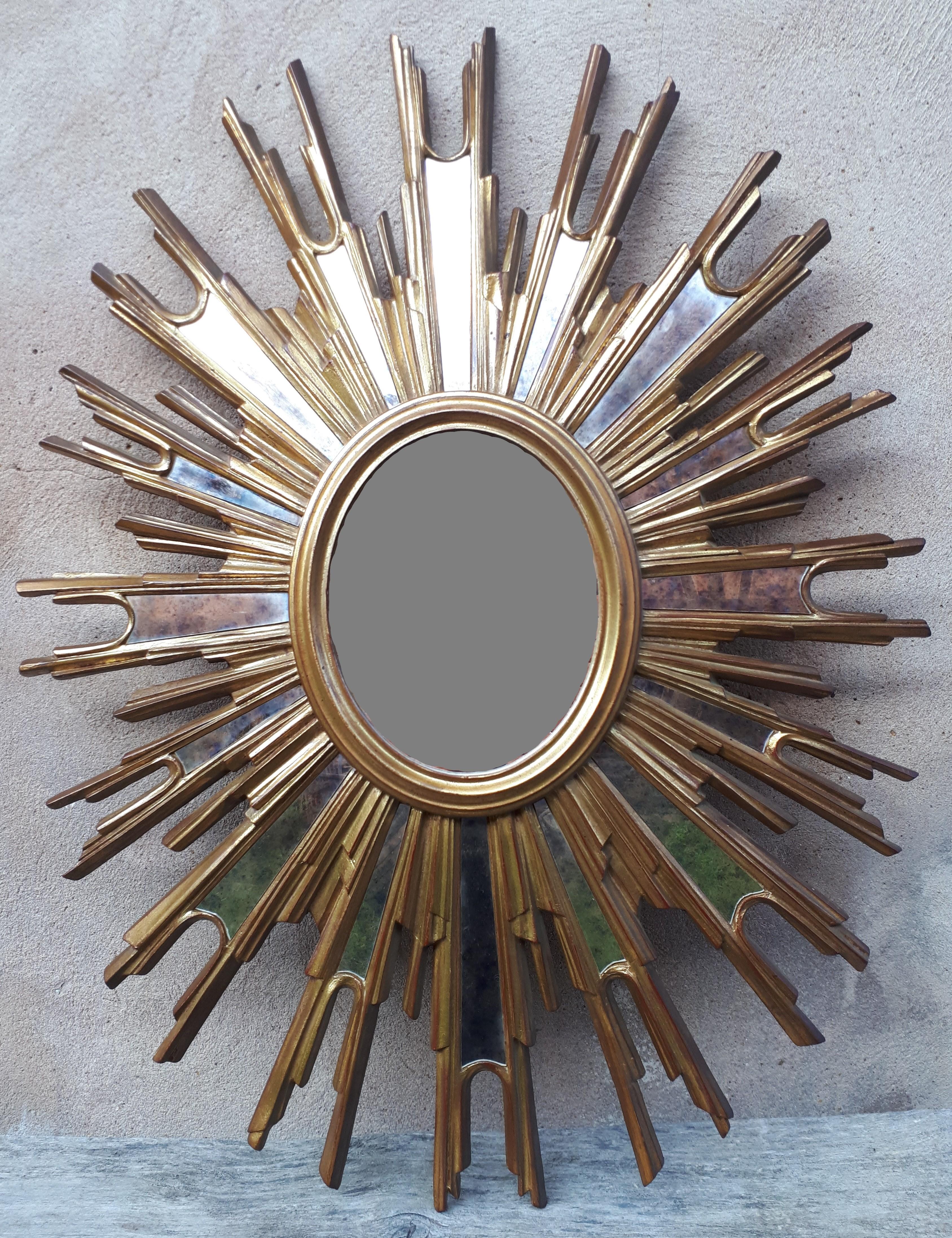 Mid-20th Century Gilded wooden witch or sunburst mirror, France 1950 For Sale