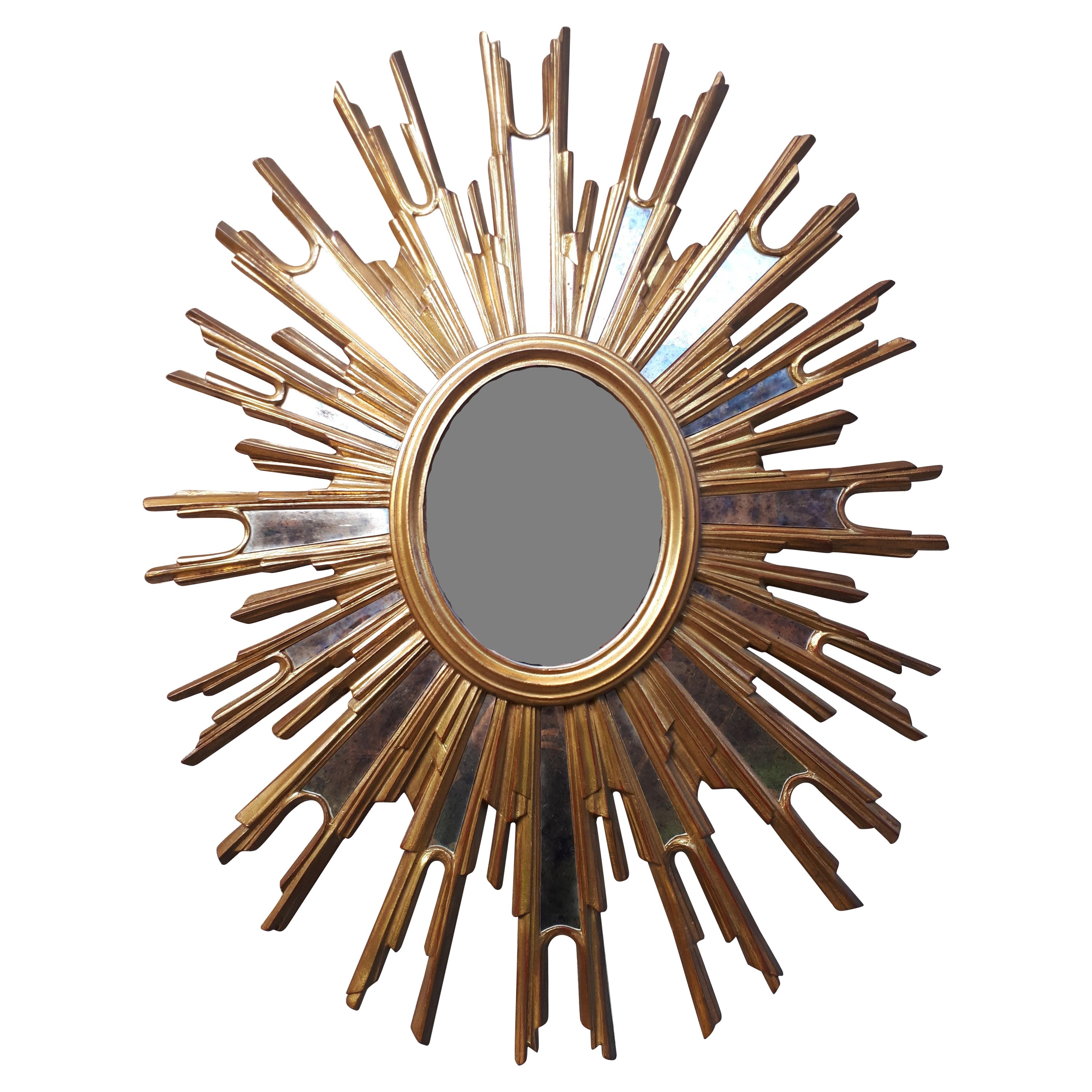 Gilded wooden witch or sunburst mirror, France 1950 For Sale