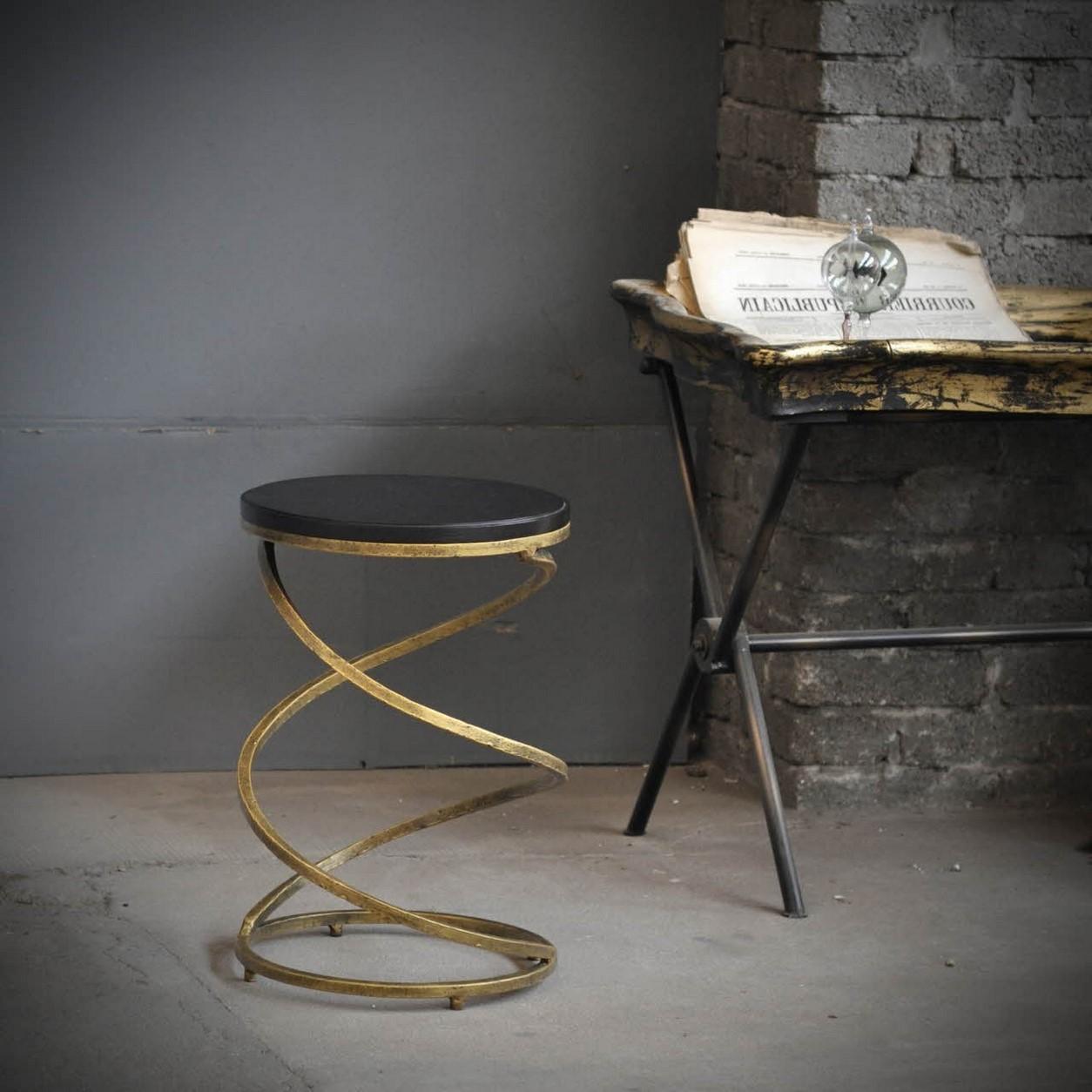 Mid-Century Modern Gilded Wrought Iron and Black Wooden Pair of Side Tables