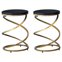 Gilded Wrought Iron and Black Wooden Pair of Side Tables