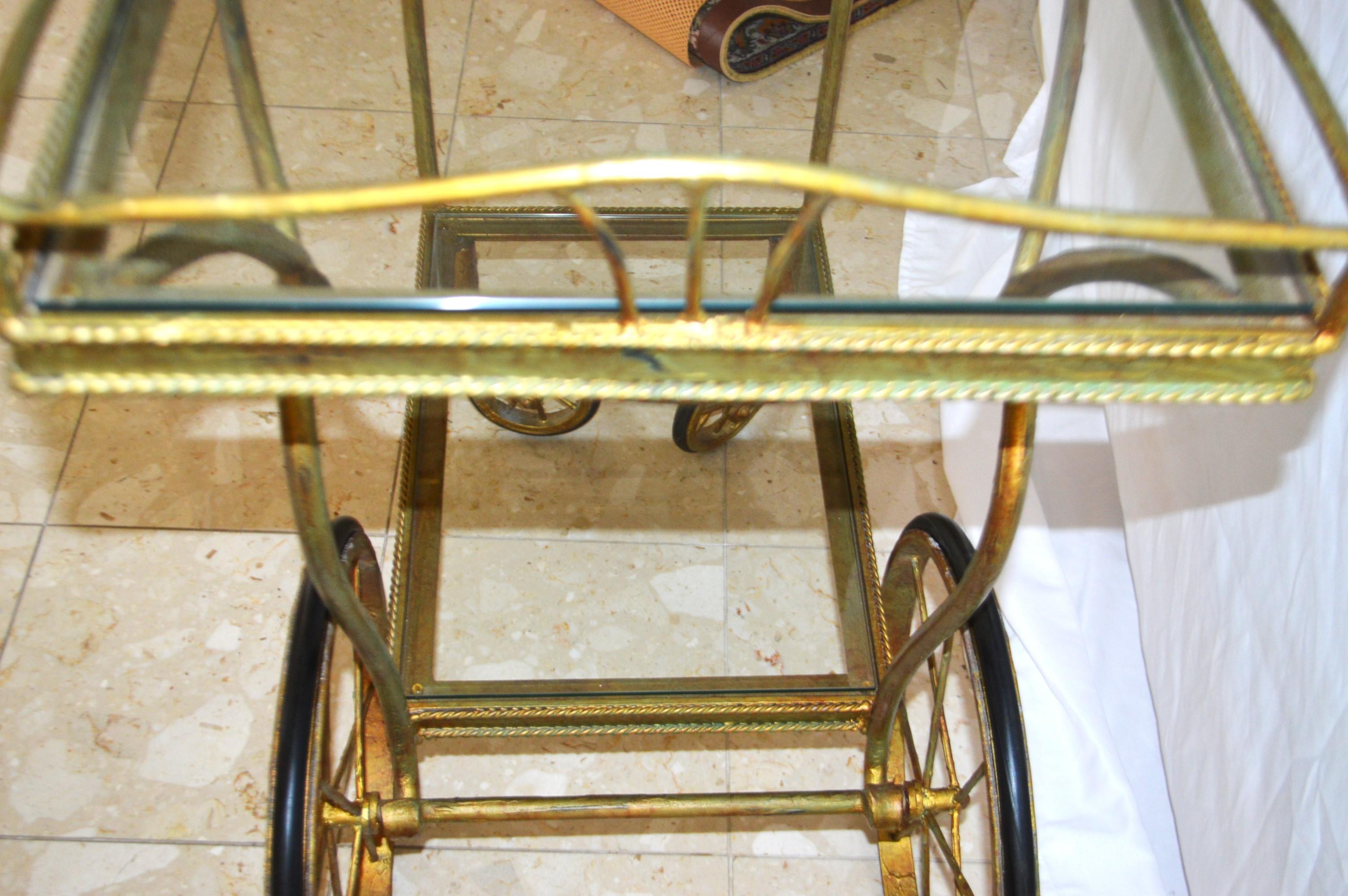 Belle Époque Gilded Wrought Iron Bar Cart on wheels with two levels with glass tops.