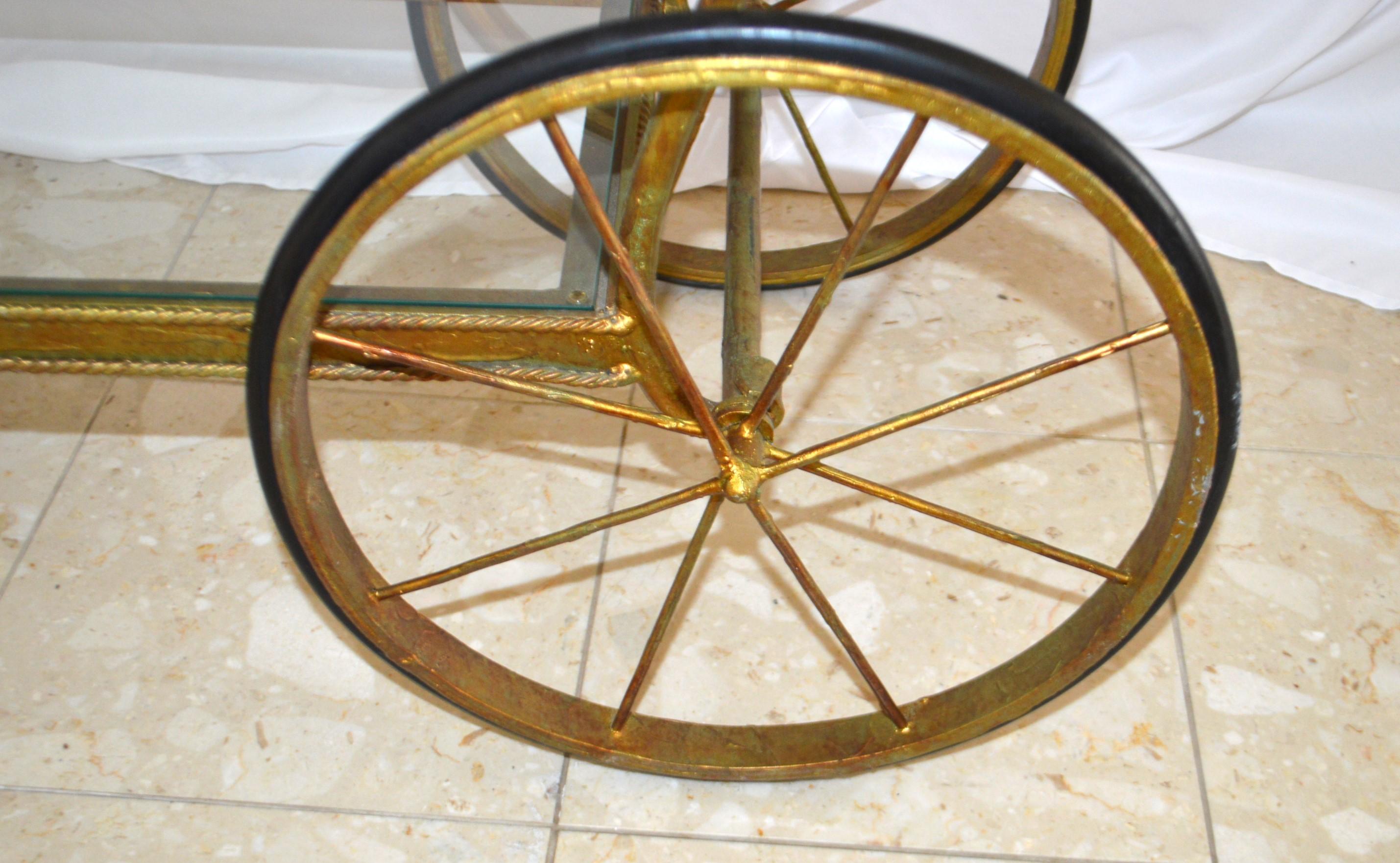 Gilded Wrought Iron Bar Cart on wheels with two levels with glass tops. In Fair Condition In Oakville, ON
