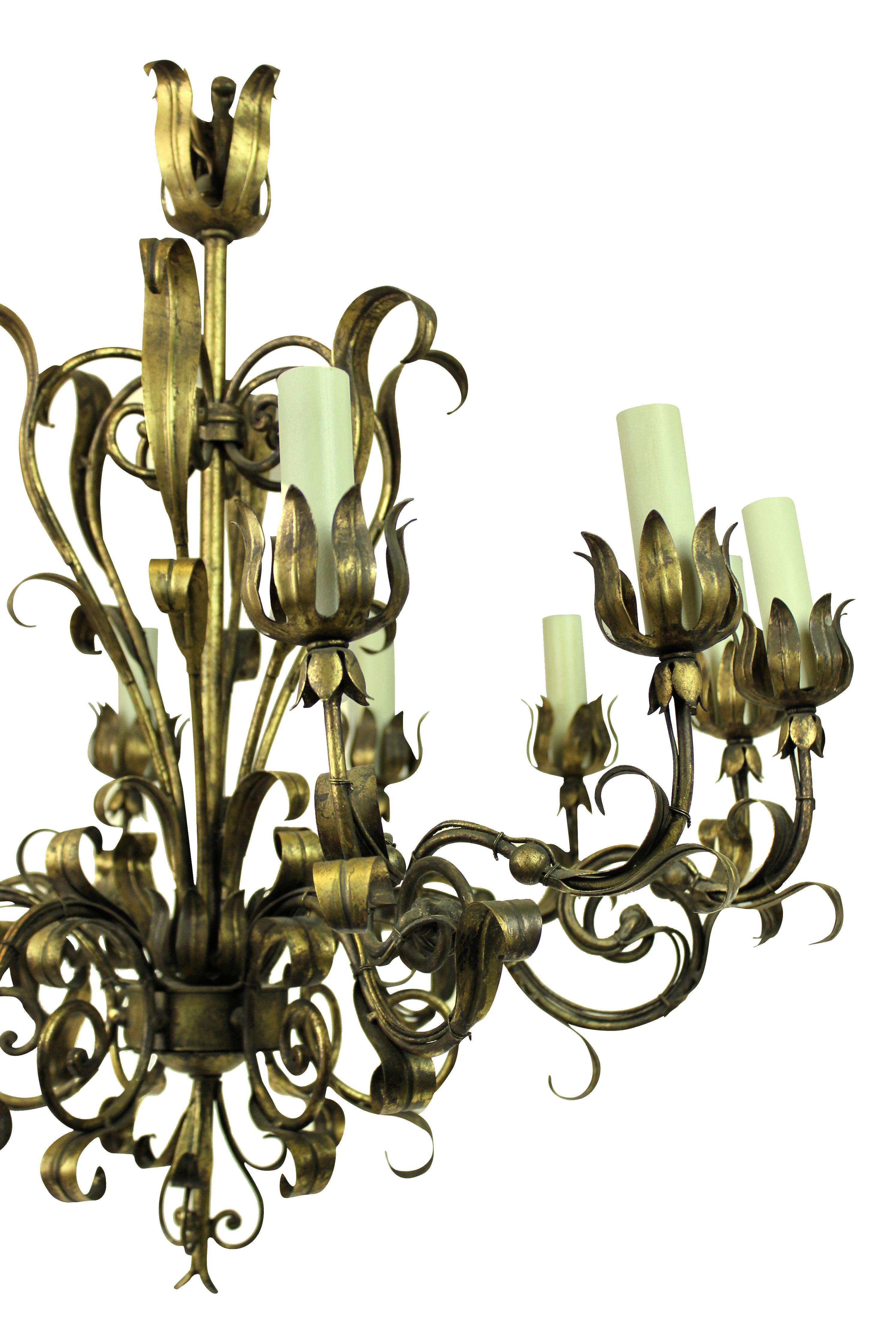 Mid-20th Century Gilded Wrought Iron Chandelier