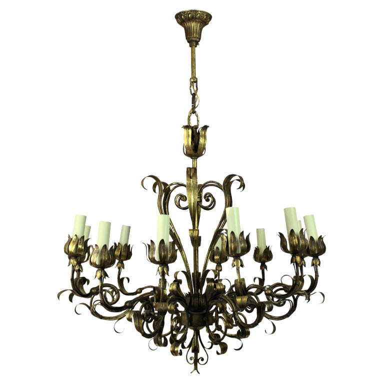 Gilded Wrought Iron Chandelier For Sale at 1stDibs