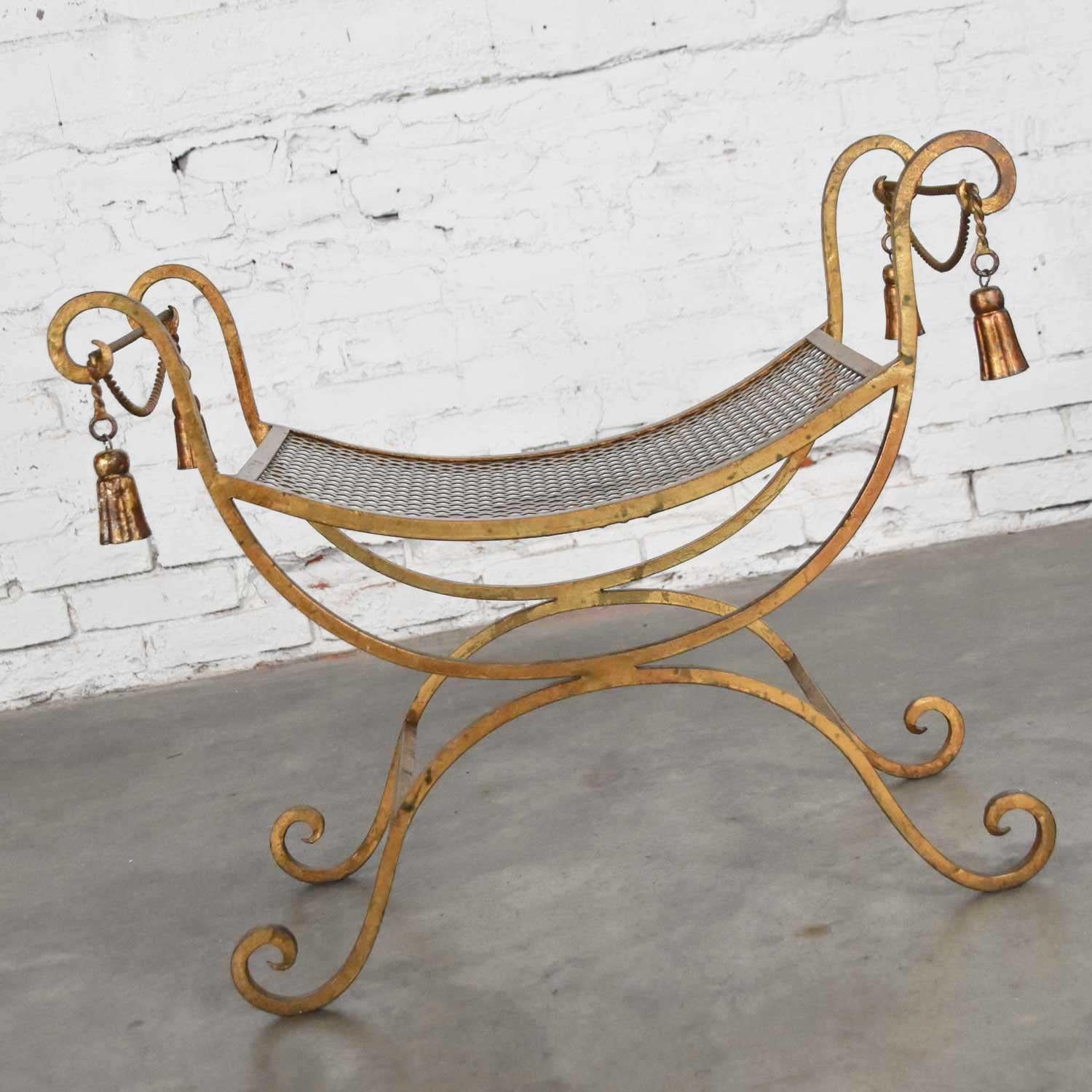 Gilded Wrought Iron Curule or Savonarola Italian Hollywood Regency Vanity Stool For Sale 5