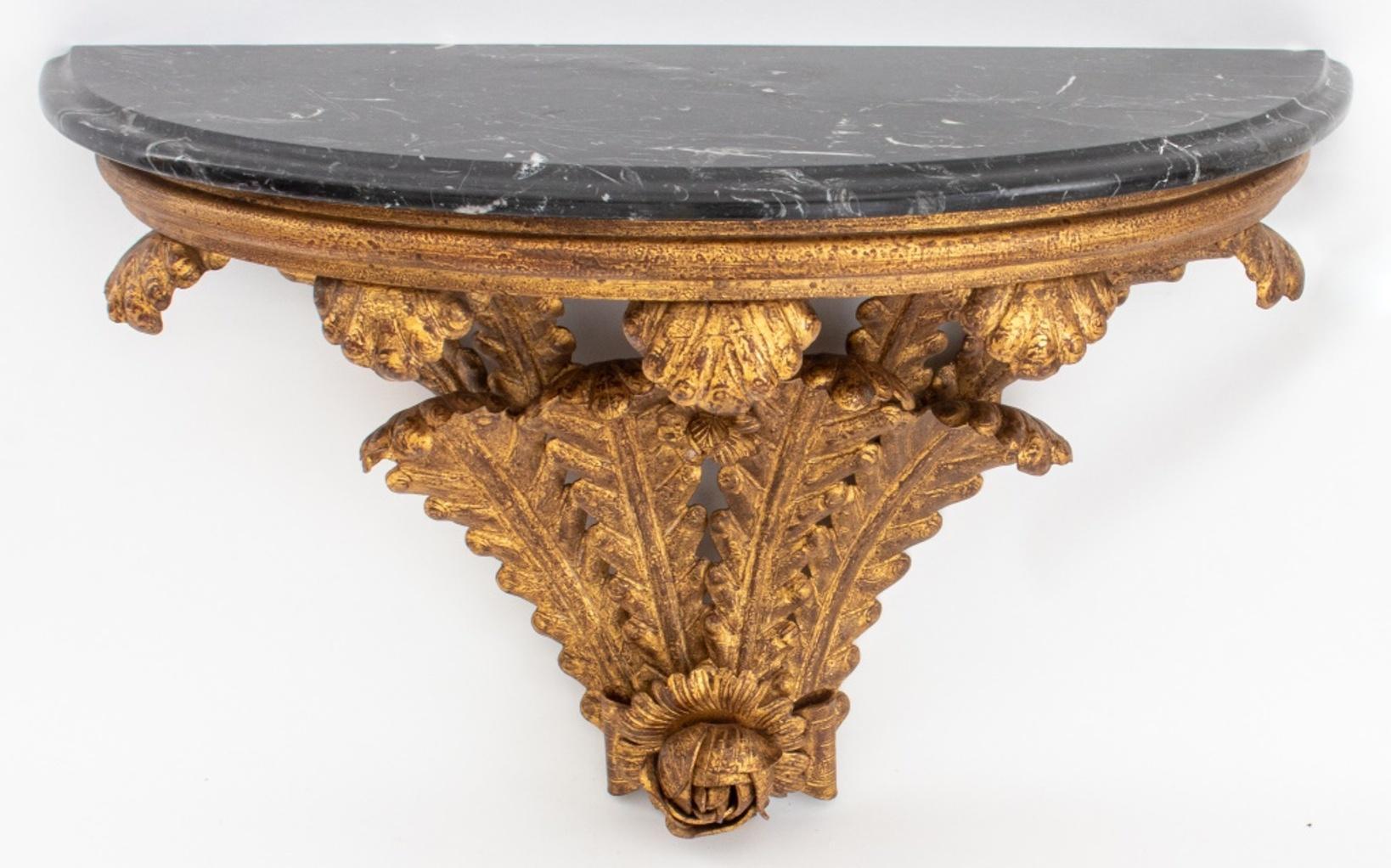 Marble Gilded Wrought Iron Demilune Wall-Mounted Console