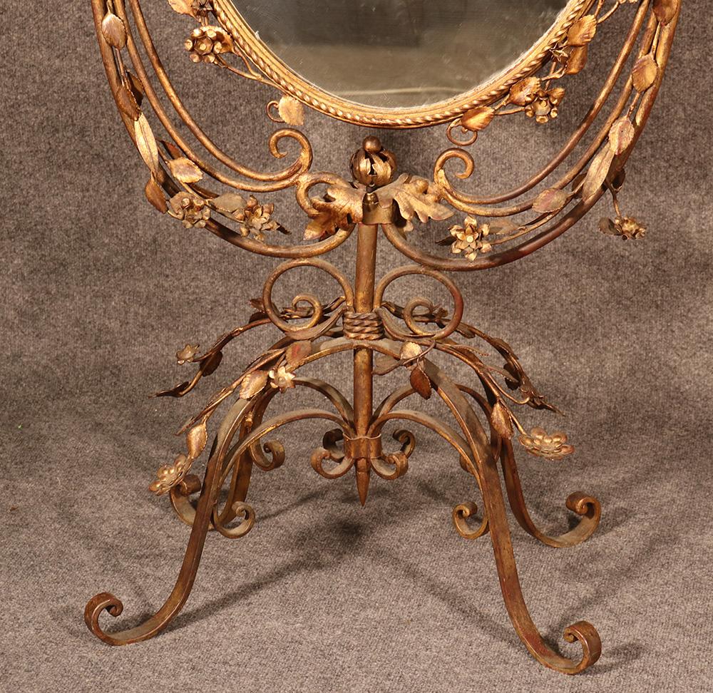 Art Nouveau Gilded Wrought Iron Tole Double Sided Wedding Shop Cheval Mirror, circa 1920s