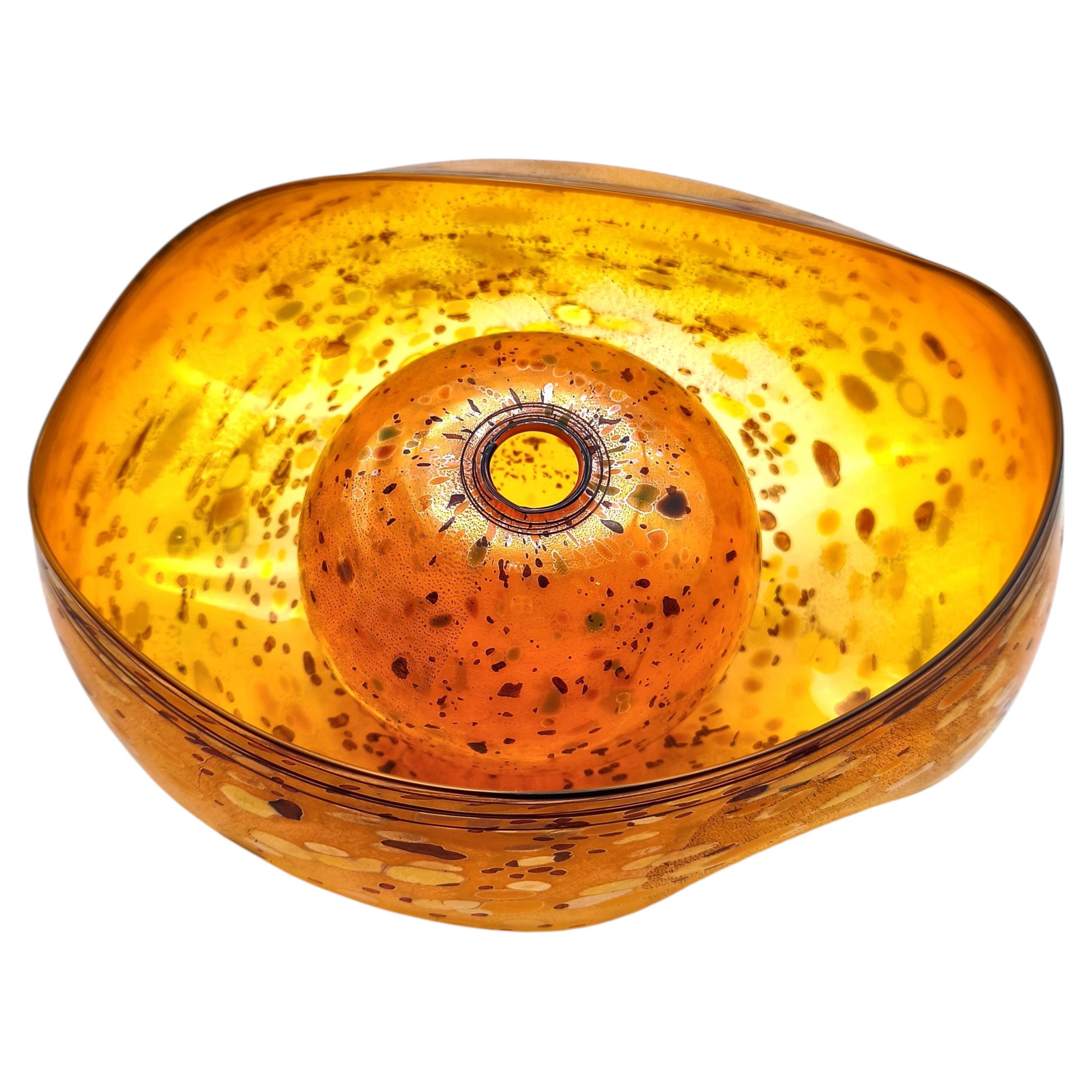 Gilded yellow basket pair with oxblood lips wrap, by Dale Chihuly, Seattle, 1992