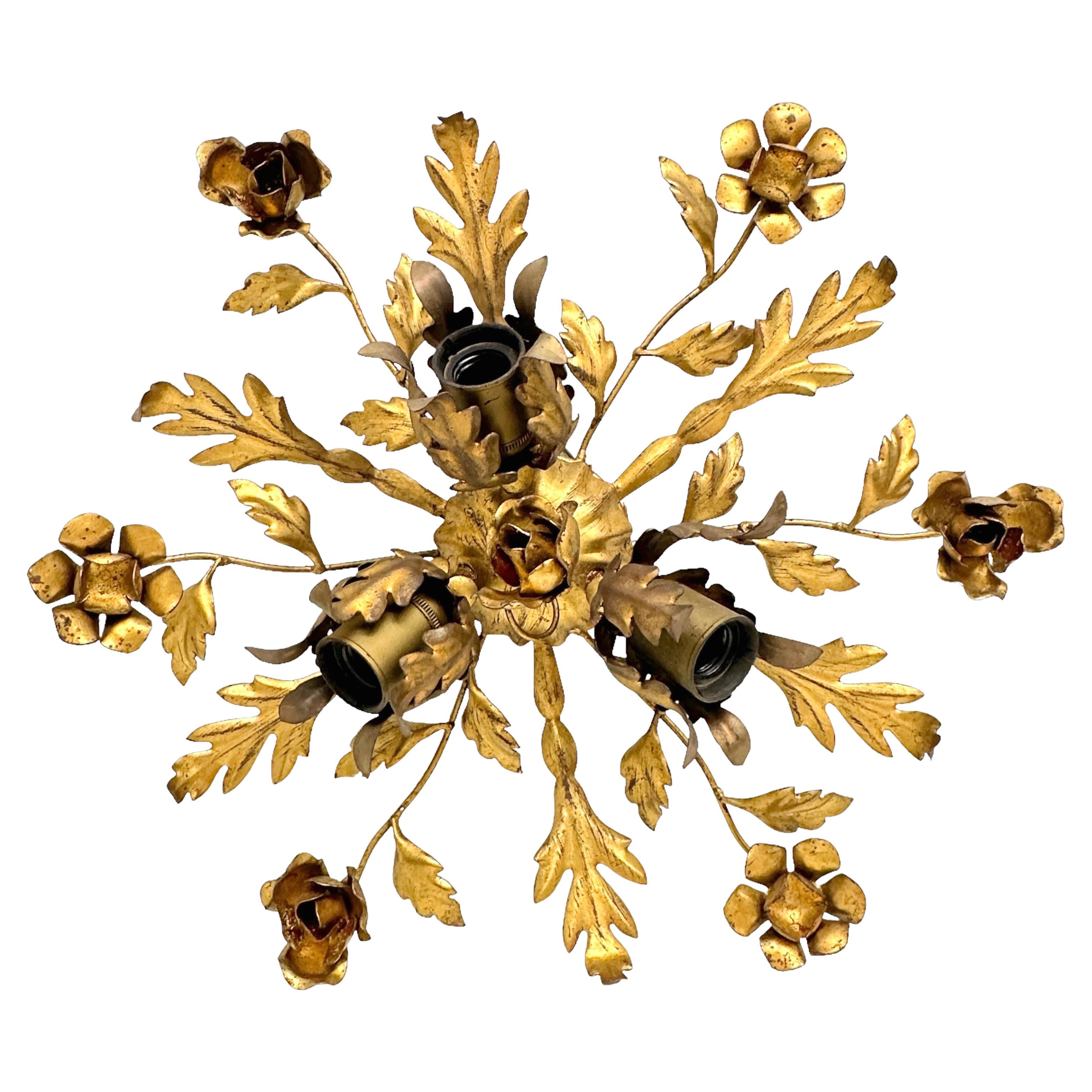 GildedFour Light Leafs Rose Flower Tole Hollywood Regency Flush Mount, Italy