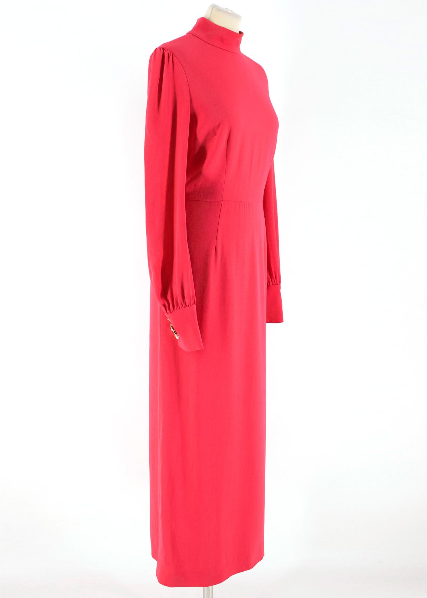 Giles Deacon Pink High-neck Embellished Cuff Maxi Dress

- High neck
- Long sleeves with peppered cuffs and gold-tone metal flower embellishment
- Concealed rear zip fastening and popper detail with a large facetted silver-tone metal button
- Fitted