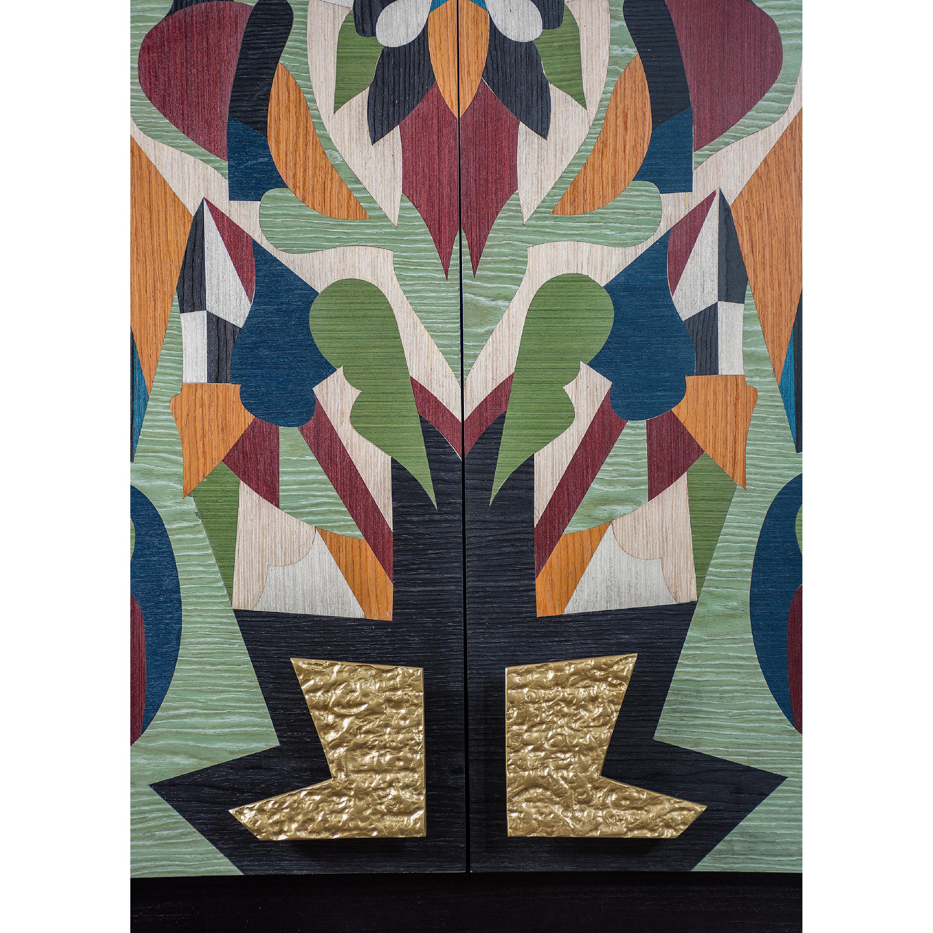 Contemporary GILGAMESH - Multicolor Veneers, Gold Leaf And Brass Wood Cabinet For Sale