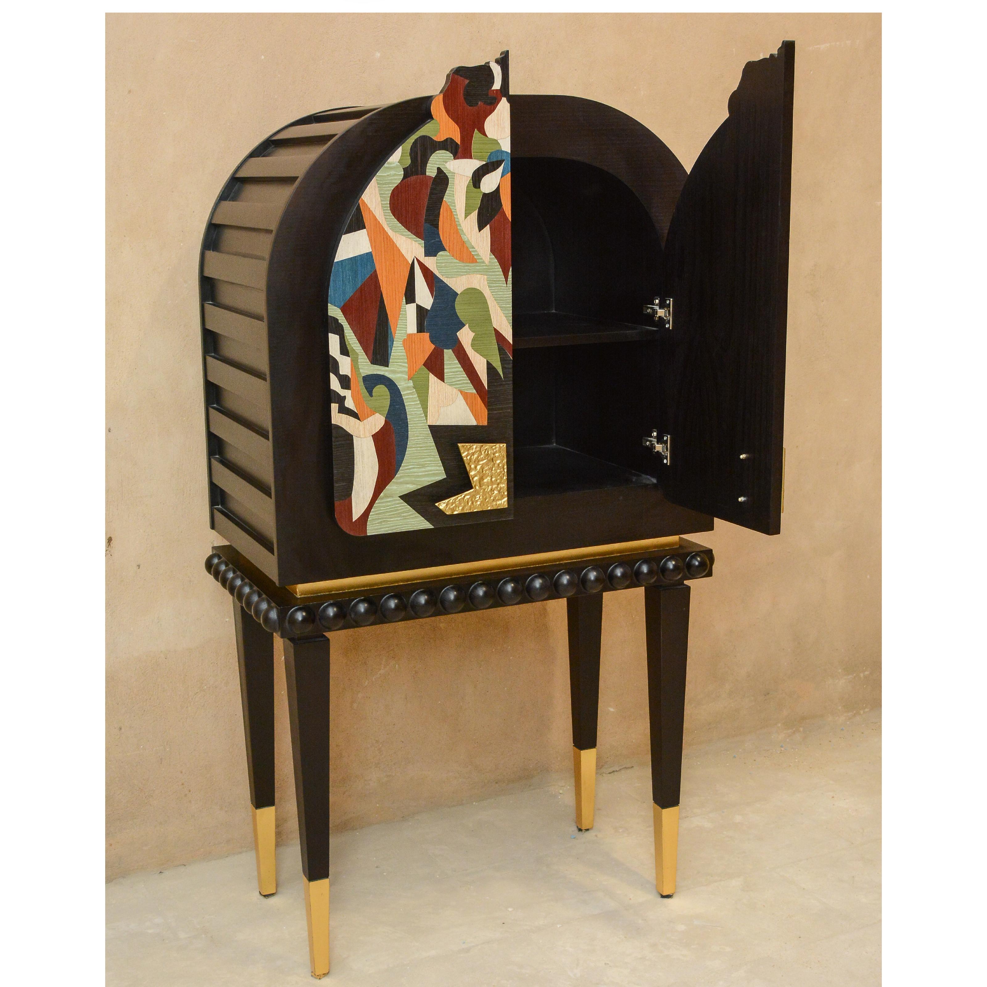 GILGAMESH - Multicolor Veneers, Gold Leaf And Brass Wood Cabinet For Sale 2