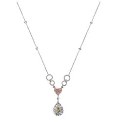 Collier en or doré 18 carats avec diamants rose clair et jaune-vert fantaisie