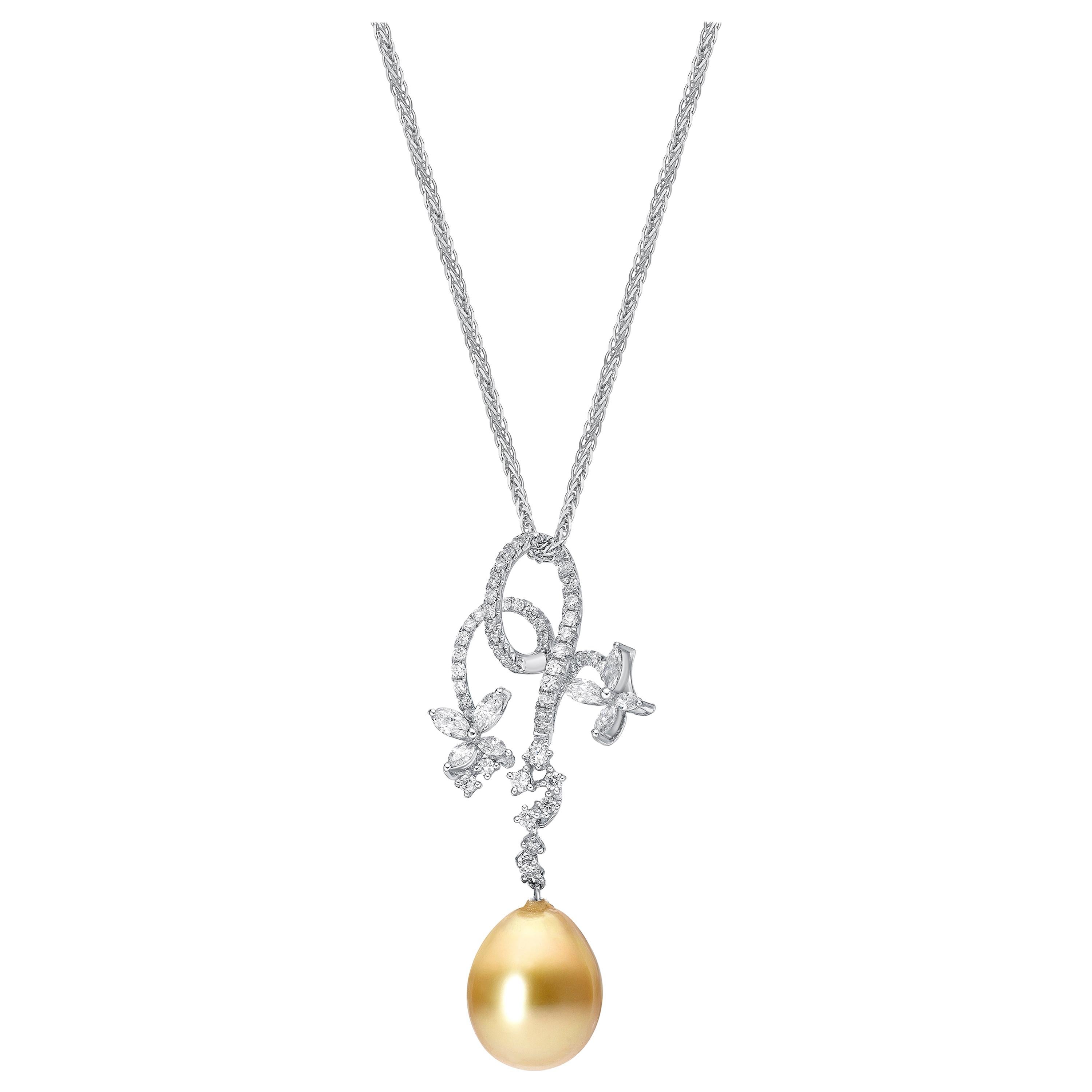 Gilin 18 Karat White Gold 1.11 Carat Golden South Sea Pearl Diamond Pendant For Sale