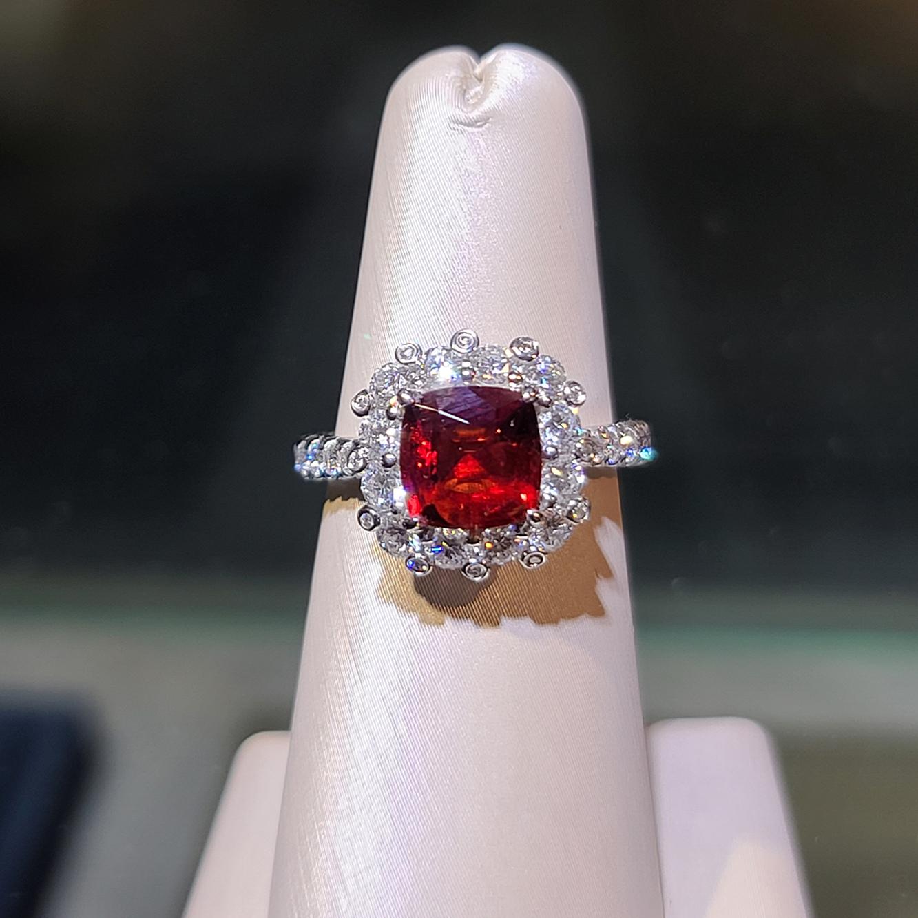 1 SPIN - 1.85 ct  Lotus 6690-0609   Vivid Red / No Heat / Burma
Carat Weight: 1.85 ct  / Shape and cut: Antique Cushion / Faceted
Colour: Vivid Red  
Treatment: No Heat 
Origin: Burma
Cert: Lotus 6690-0609
Total Diamond Weight: 1.38ct / Dia 44 pcs
