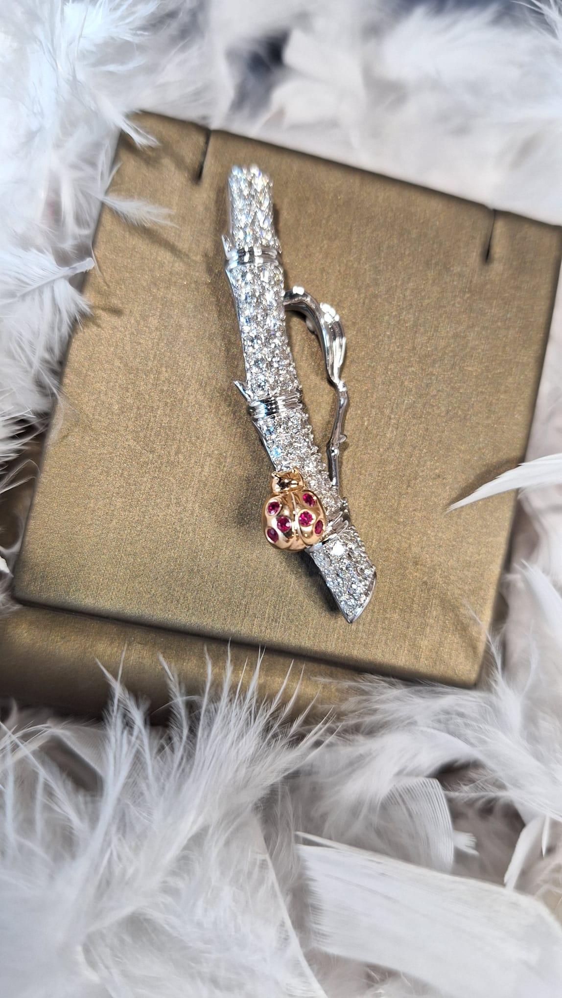 Modern GILIN 18K White Gold Diamond Brooch with Ruby For Sale