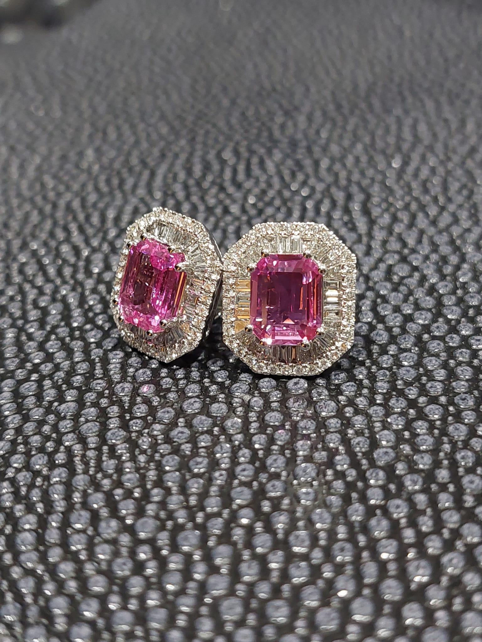 Women's or Men's GILIN 18K White Gold Diamond Earring with Pink Sapphire For Sale