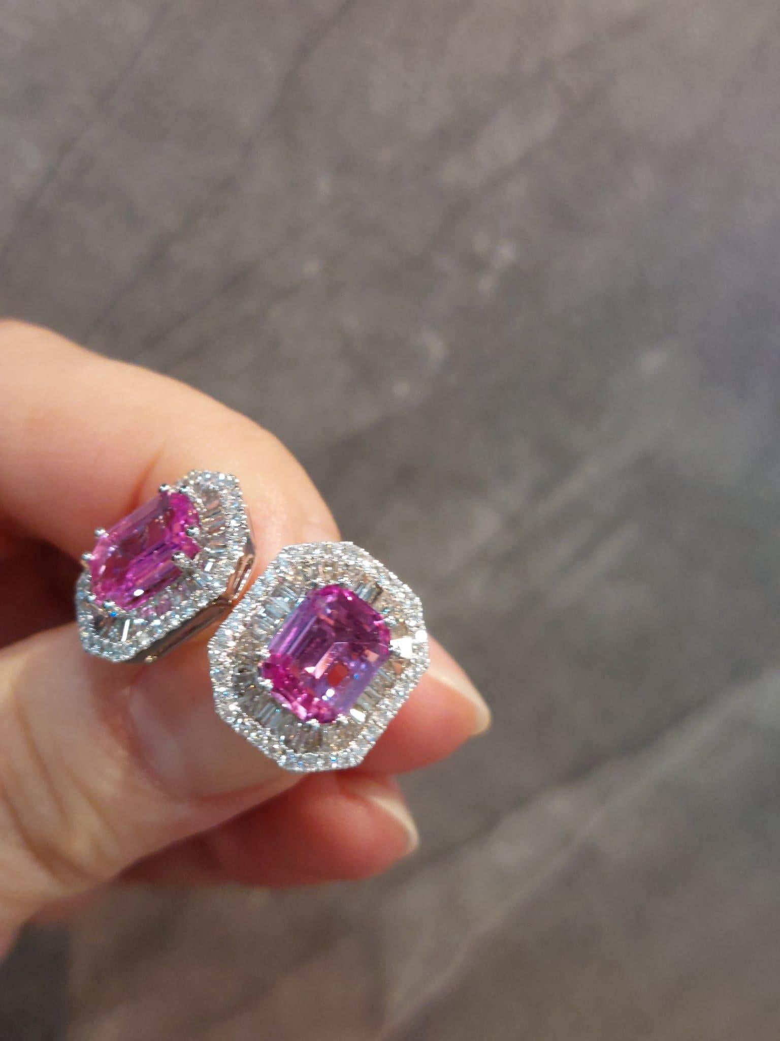 GILIN 18K White Gold Diamond Earring with Pink Sapphire For Sale 1