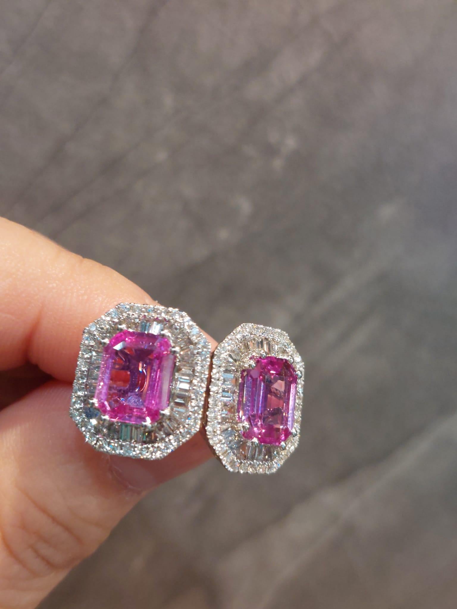 GILIN 18K White Gold Diamond Earring with Pink Sapphire For Sale 2