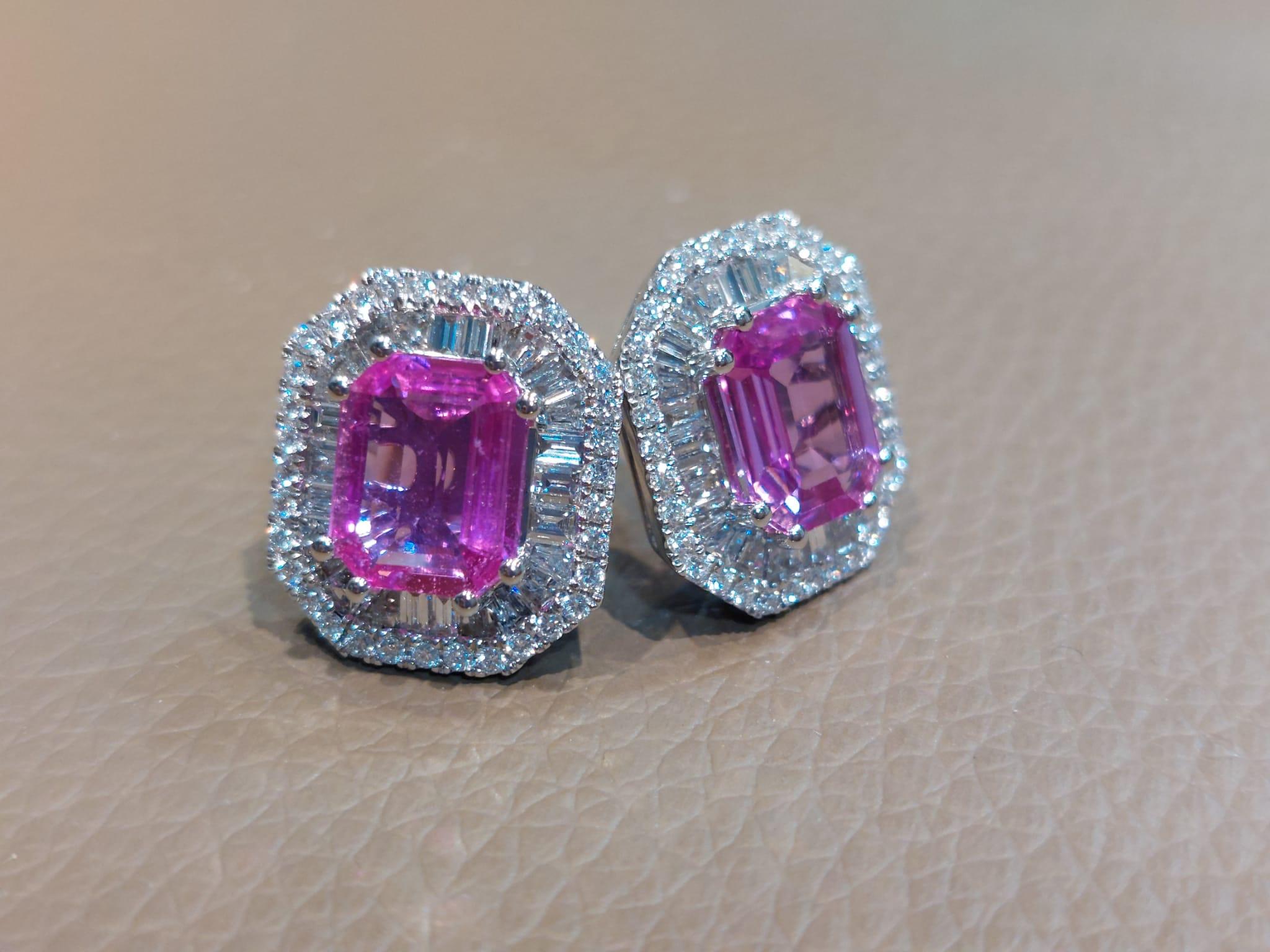 GILIN 18K White Gold Diamond Earring with Pink Sapphire For Sale 3