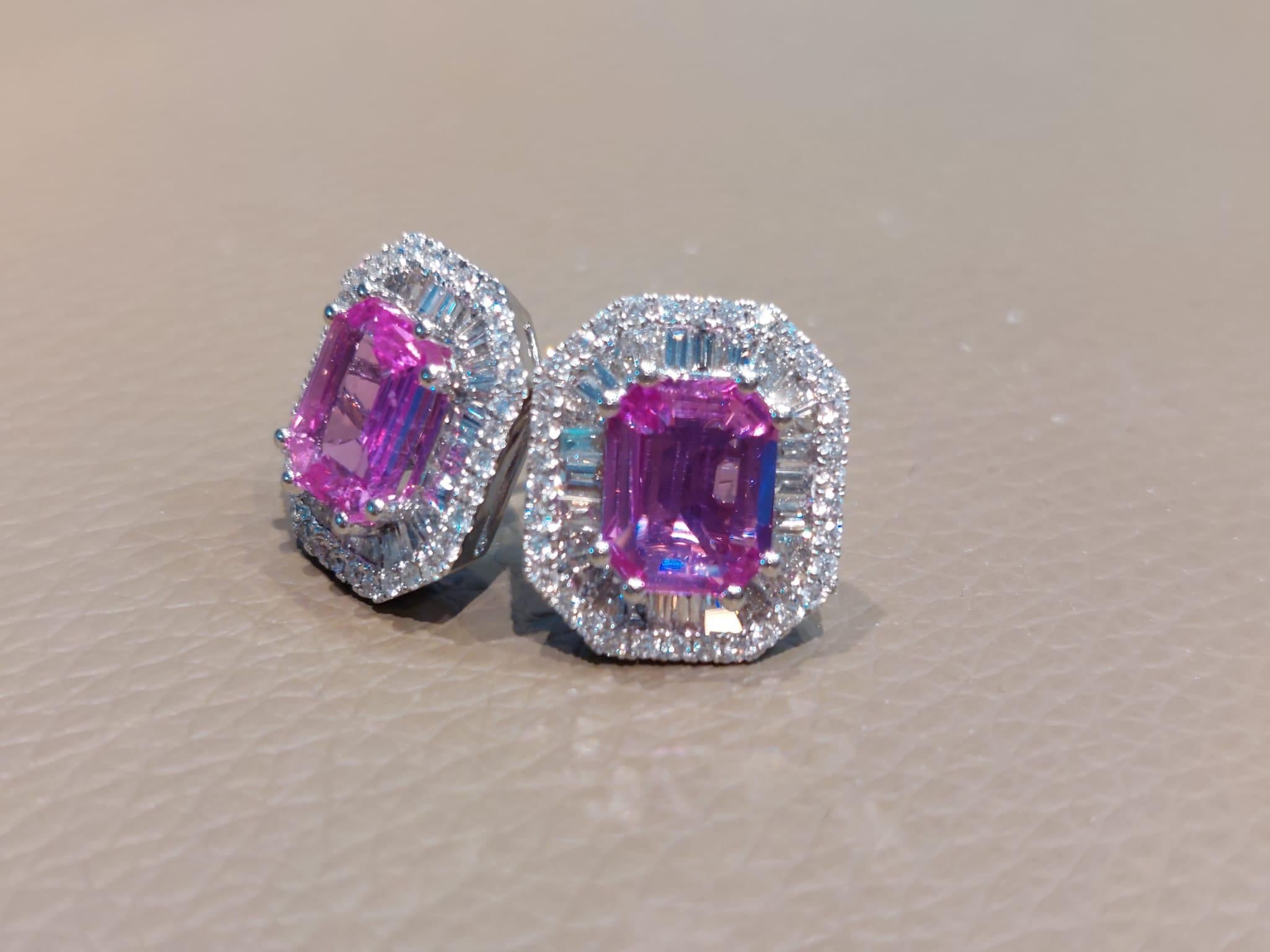 GILIN 18K White Gold Diamond Earring with Pink Sapphire For Sale 4