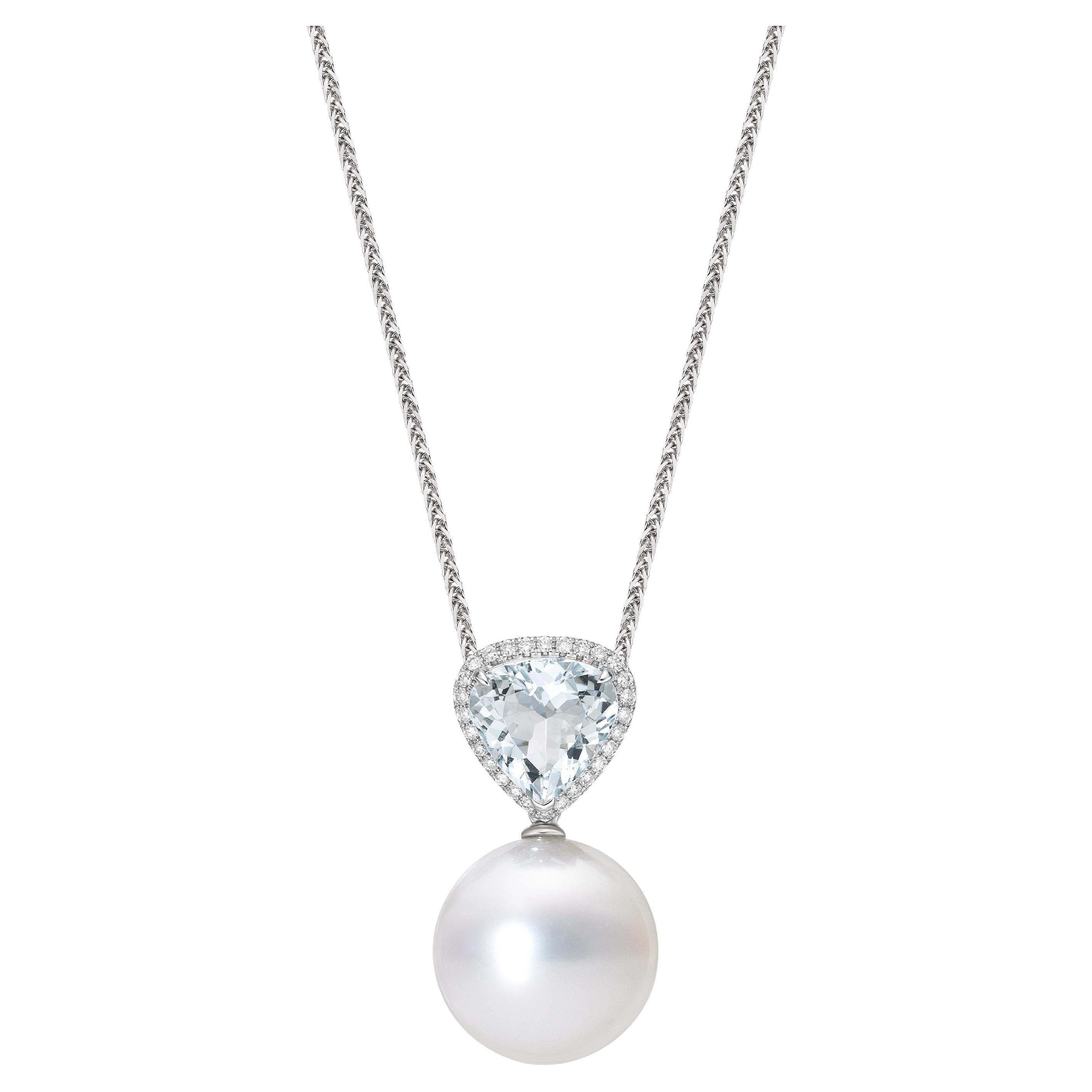 Gilin 18k White Gold Diamond Pendant with Aquamarine and Pearl For Sale