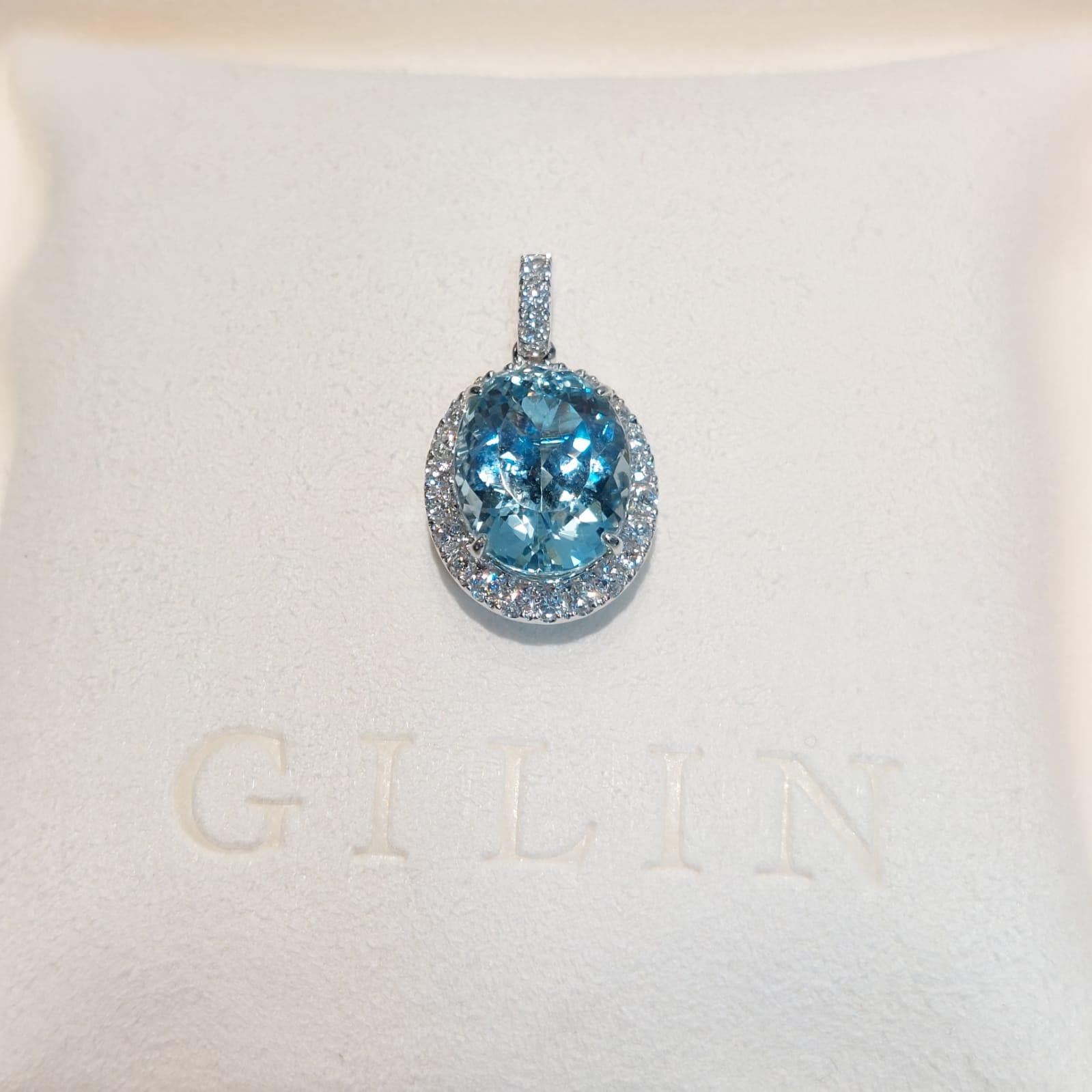 Gilin 18k White Gold Diamond Pendant with Aquamarine In New Condition For Sale In Central, HK