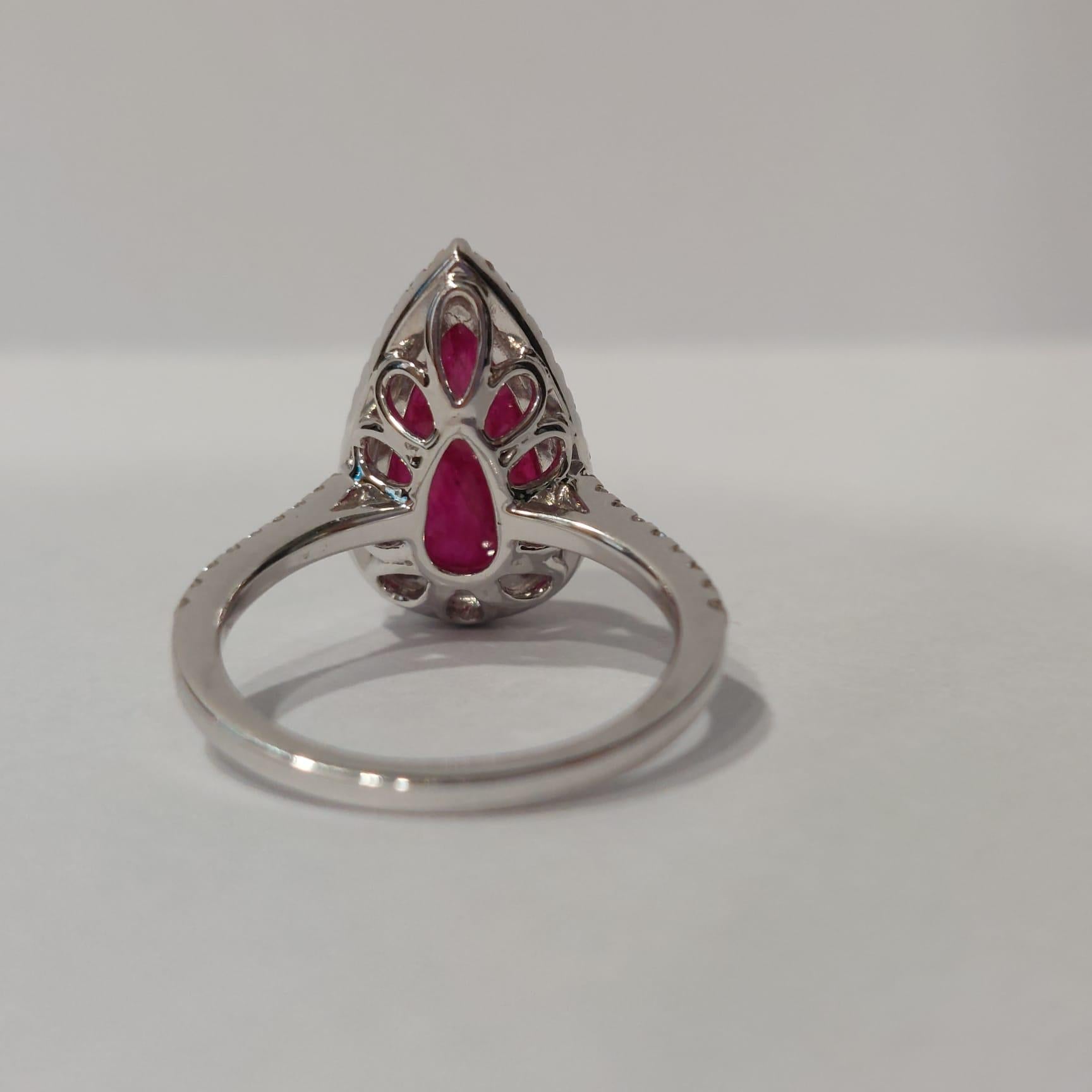 Pear Cut Gilin 18k White Gold Diamond Ring with Pear Shape Ruby For Sale