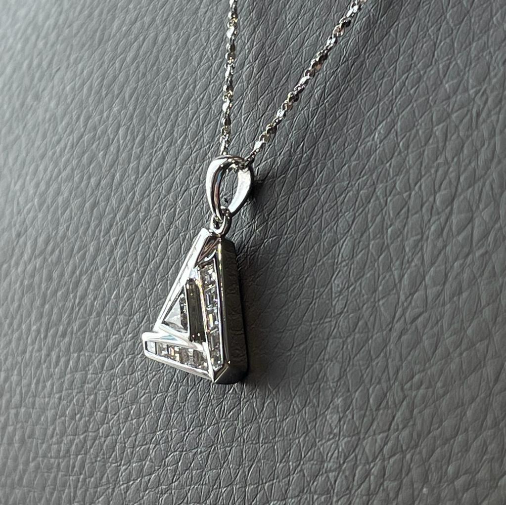 Baguette Cut GILIN 18K White Gold Triangle Shaped Diamond Pendant Necklace For Sale