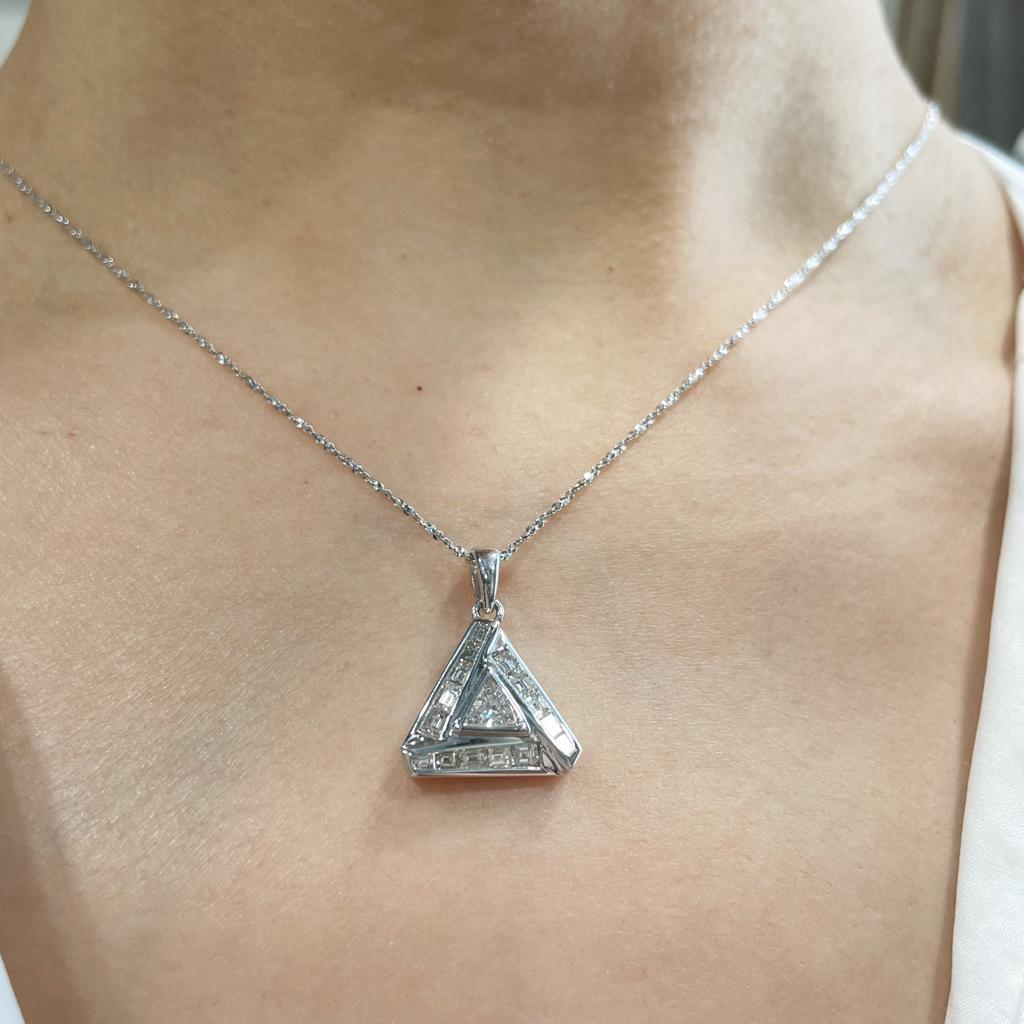 Women's or Men's GILIN 18K White Gold Triangle Shaped Diamond Pendant Necklace For Sale