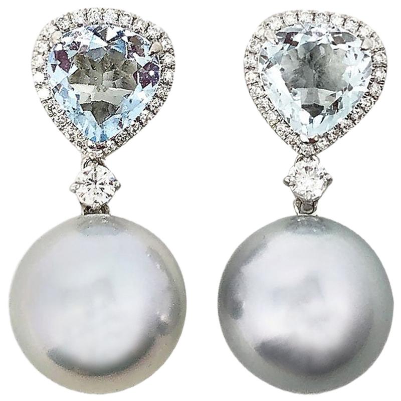 Gilin Aquamarine Diamond and Southsea Pearl Earrings