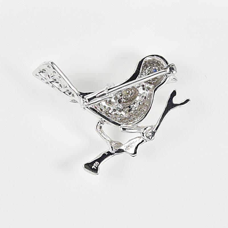 Women's or Men's Gilin Bird Brooch with Diamond and Sapphire in 18 Karat White Gold