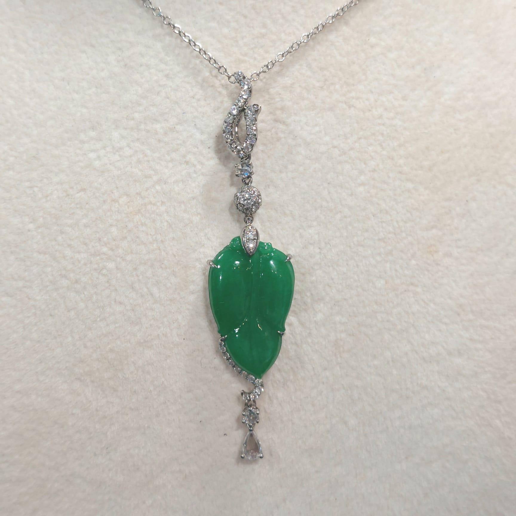 GILIN Carved Natural Green Jadeite Jade 'Ye-zi' Diamond Pendant For ...