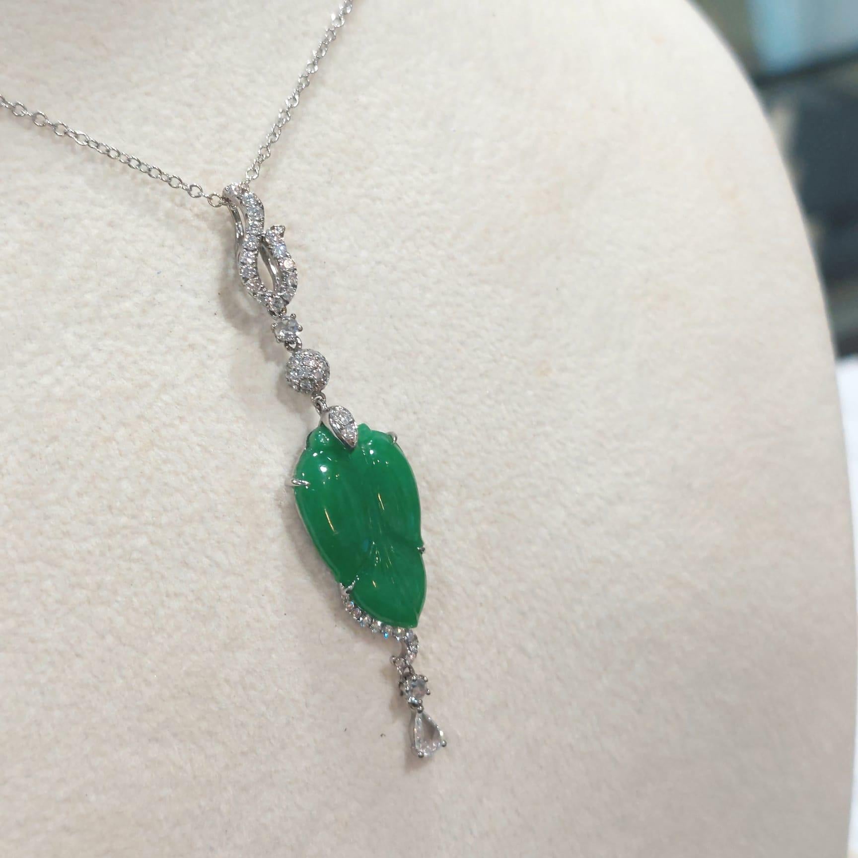 Women's GILIN Carved Natural Green Jadeite Jade 'Ye-zi' Diamond Pendant For Sale