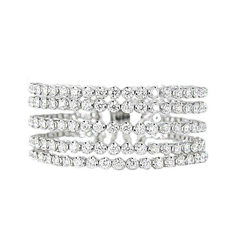 An exquisite diamond cuff bangle, shining with 5 lines of round dazzling diamonds. The diamonds are set in classic bazel settingThere are 95 diamonds of approximately 7.37 carats set into this bangle. Bangle height is 26mm and bangle size 52*46mm.
