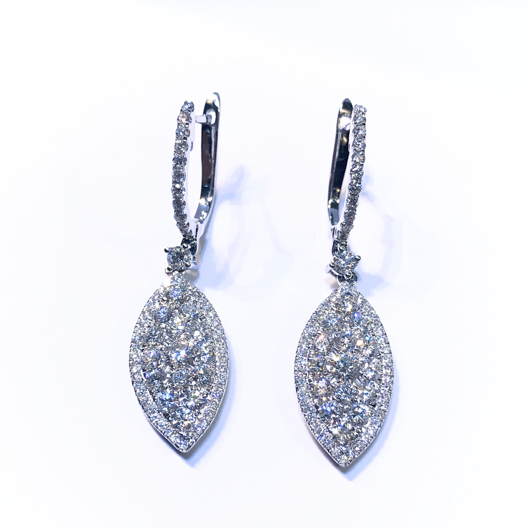 GILIN 18K white gold marquise look diamond drop earrings, simple and elegant style can make your outlook to be perfect. This earring set with round pave setting diamonds as a marquise shape, connecting with a little round diamond hook shine and