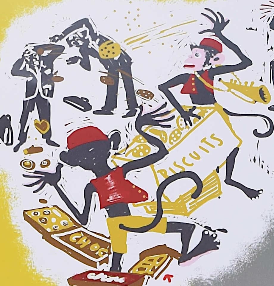 Monos sueltos en Notting Hill, 1927, cartel de viaje del metro de Londres - Print de Gill Bradley