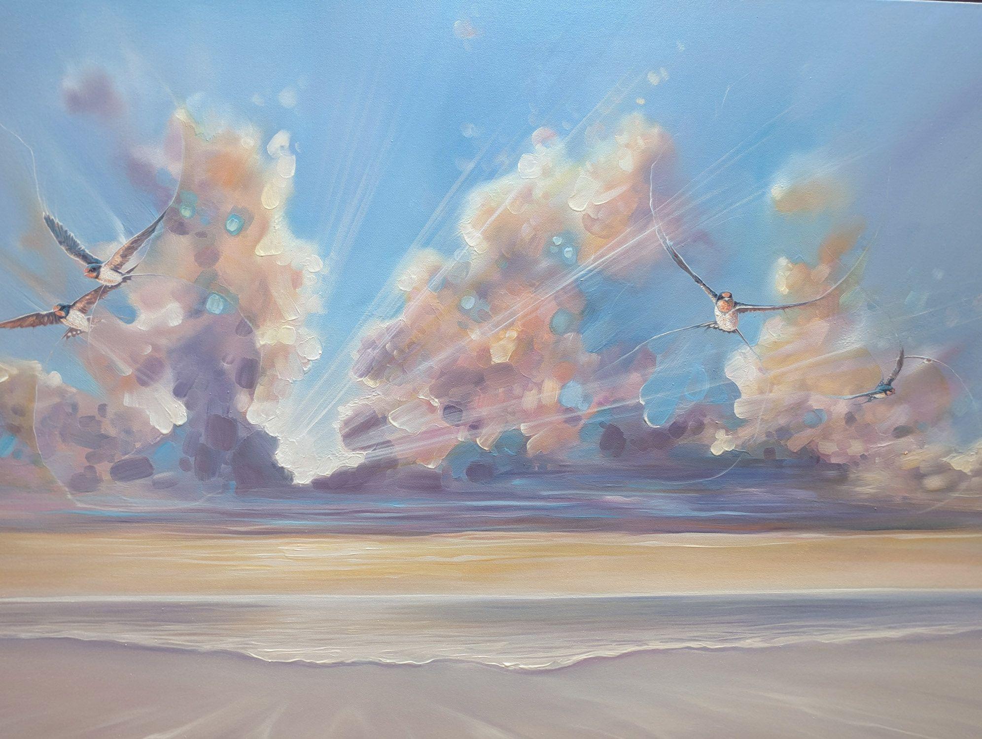 Il ritorno trionfale delle rondini, Pittura, Olio su tela - Painting Altro stile artistico di Gill Bustamante