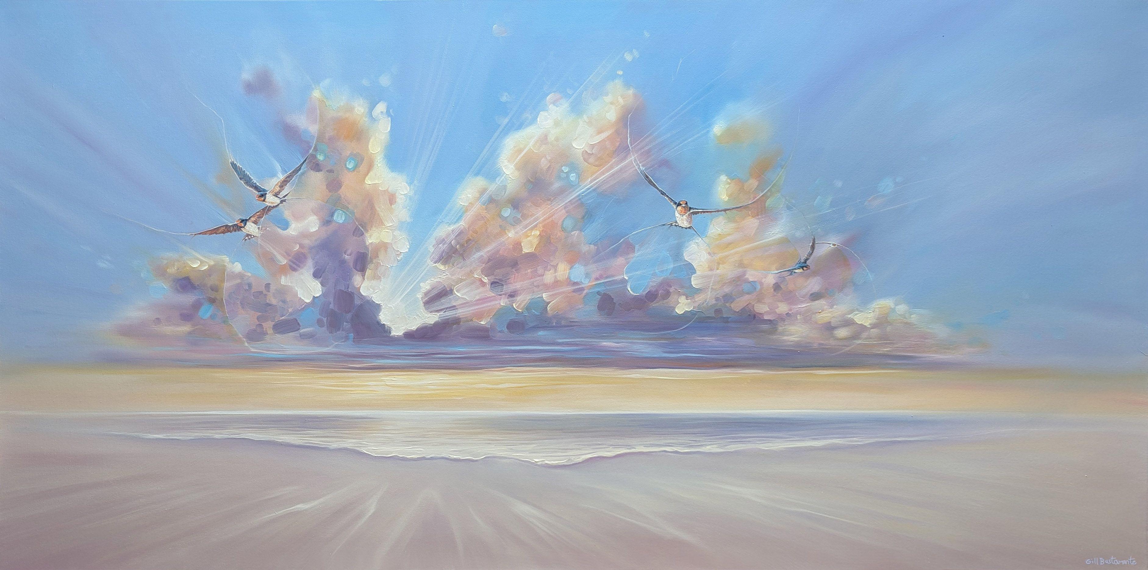 Il ritorno trionfale delle rondini, Pittura, Olio su tela - Painting di Gill Bustamante