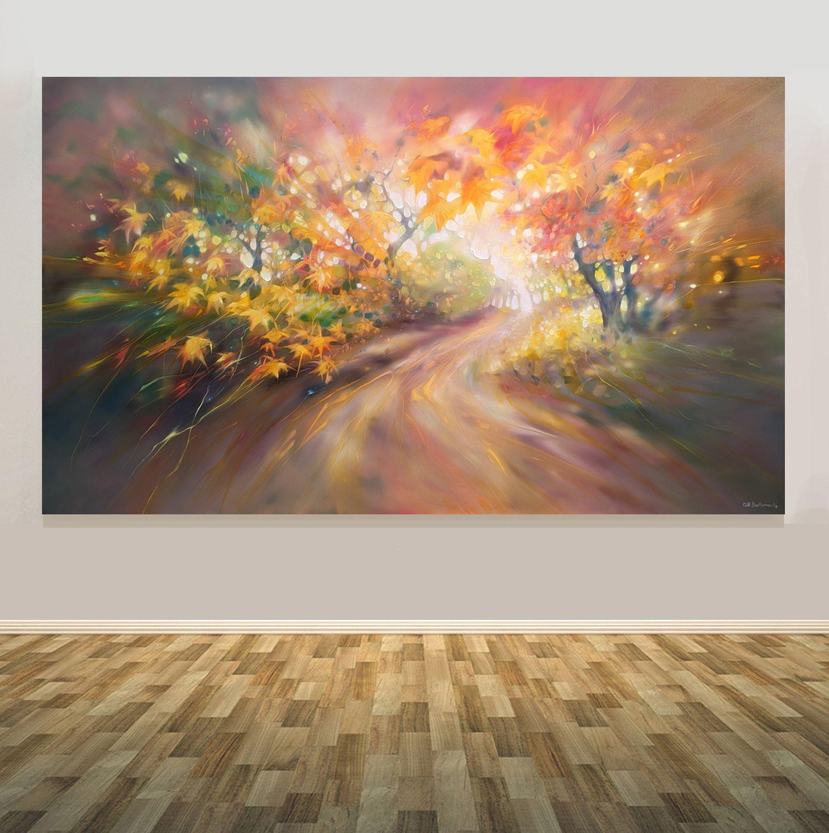 Autumn Magic est une grande peinture à l'huile semi-abstraite inspirée par l'automne, qui montre un chemin lumineux à travers des arbres d'automne aux couleurs éclatantes. Il dégage une impression de magie et de séduction. Il mesure 60x36x2 pouces.