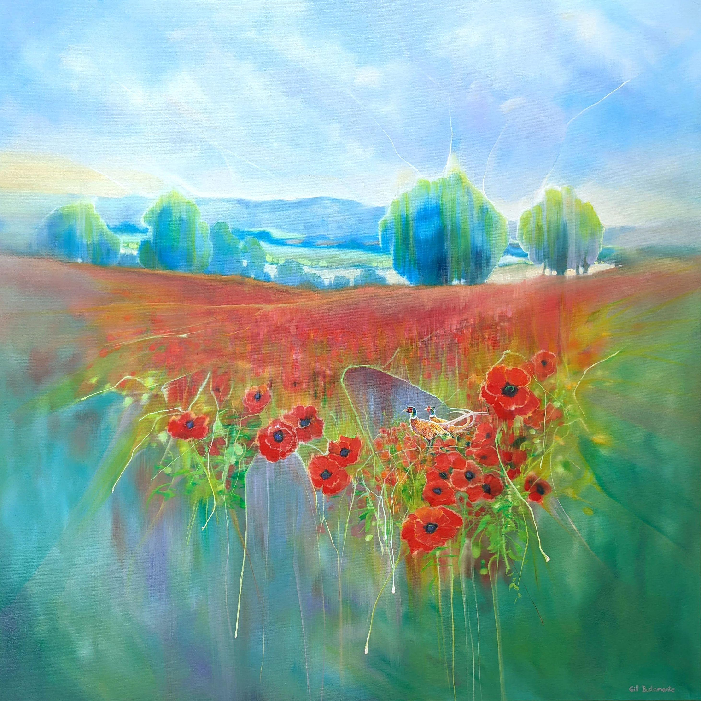 Beautiful England is an English countryside inspired landscape oil painting with pheasants and poppies in a summer meadow. It is 40x40x1.5 inches. The painting has a lot of energy to it although it is a peaceful scene and it catapults the viewer