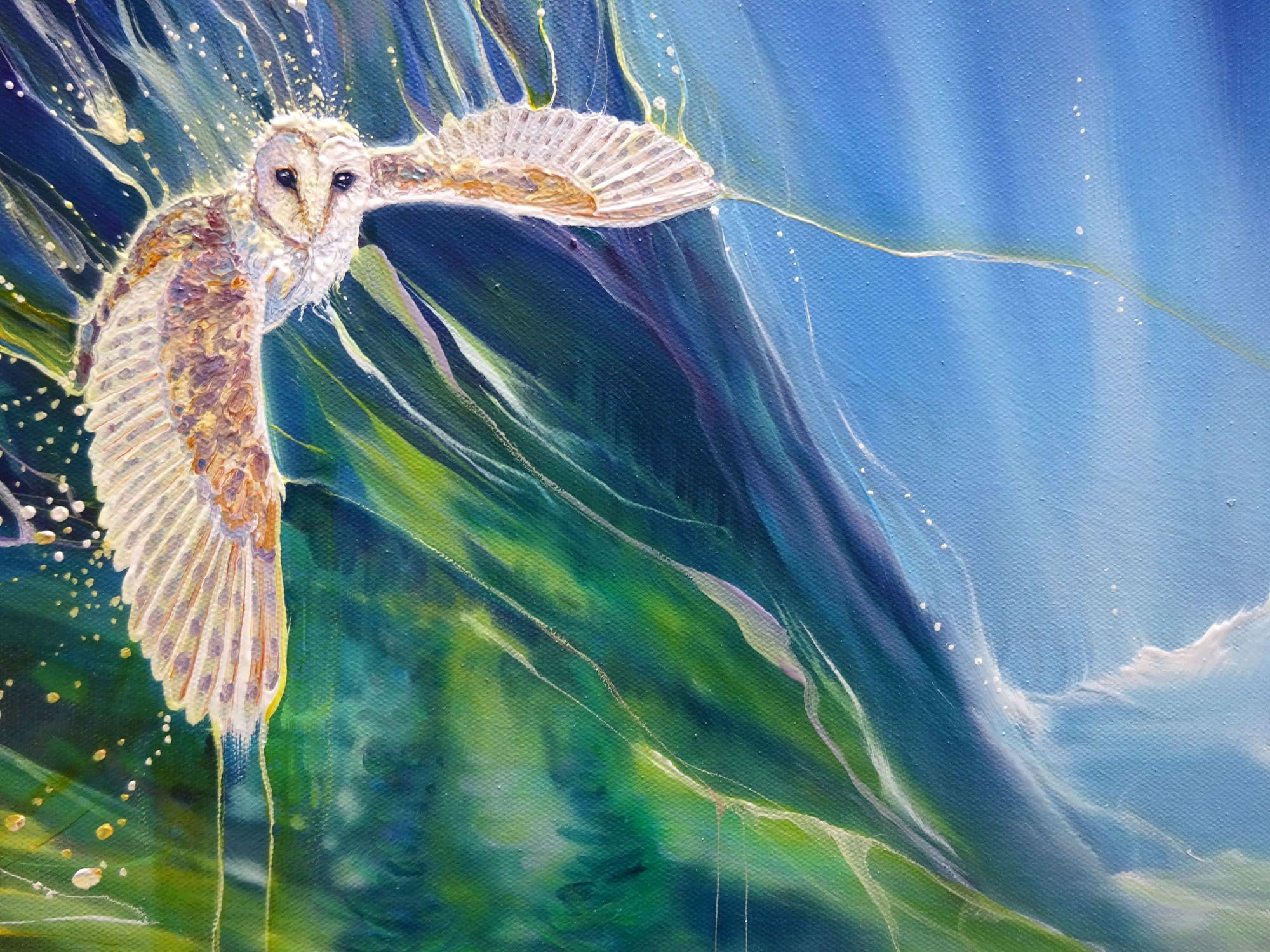 Caught in the Act is a very large oil painting of an idyllic alpine scene exploding out of a deep blue canvas. It is 48x48x1.5 inches. A white owl can be seen to the left looking back at us as if she has been caught in the act of creating the