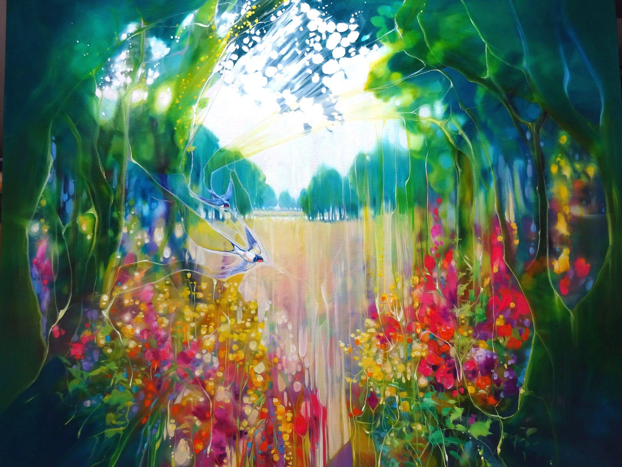 Creation is a large 48x48x1.5 inches painting of the view through trees to a Sussex summer meadow with flowers and swallows. The style is art nouveau and contemporary and the colours are extremely bright and vibrant. The impression the painting